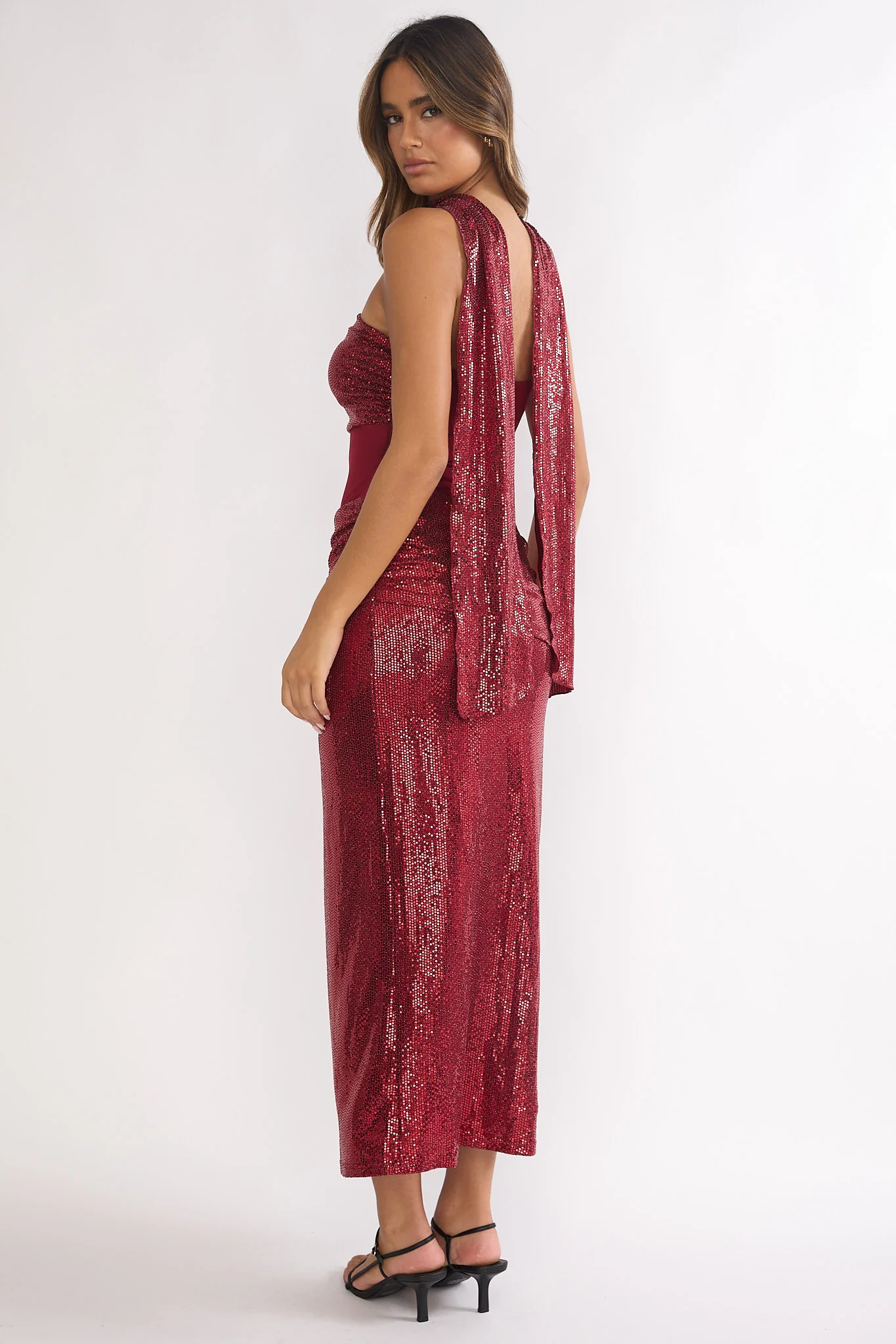 Seraphinna Strapless Cut-Out Maxi Dress Sequin Red - luluinthesky