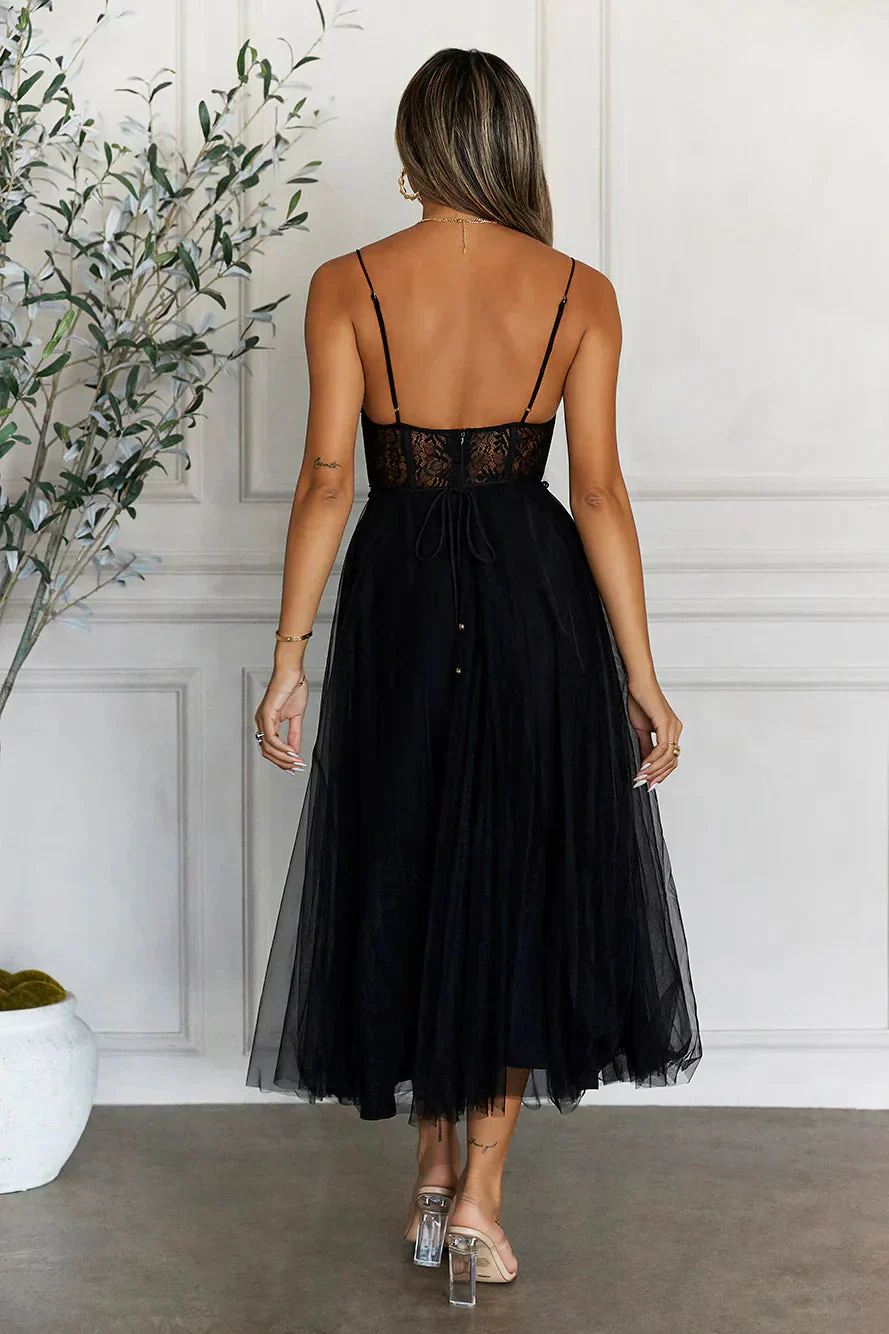 Top Of The Tower Tulle Midi Dress Black - luluinthesky
