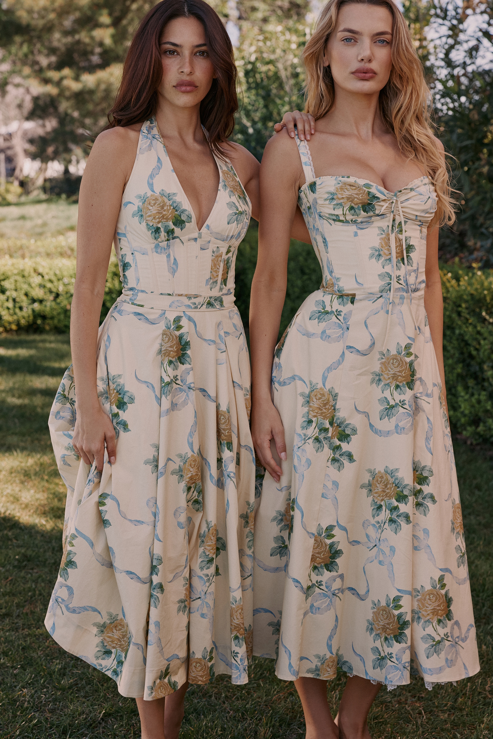 Lemon Ribbon Stretch Cotton Halter Midi Sundress