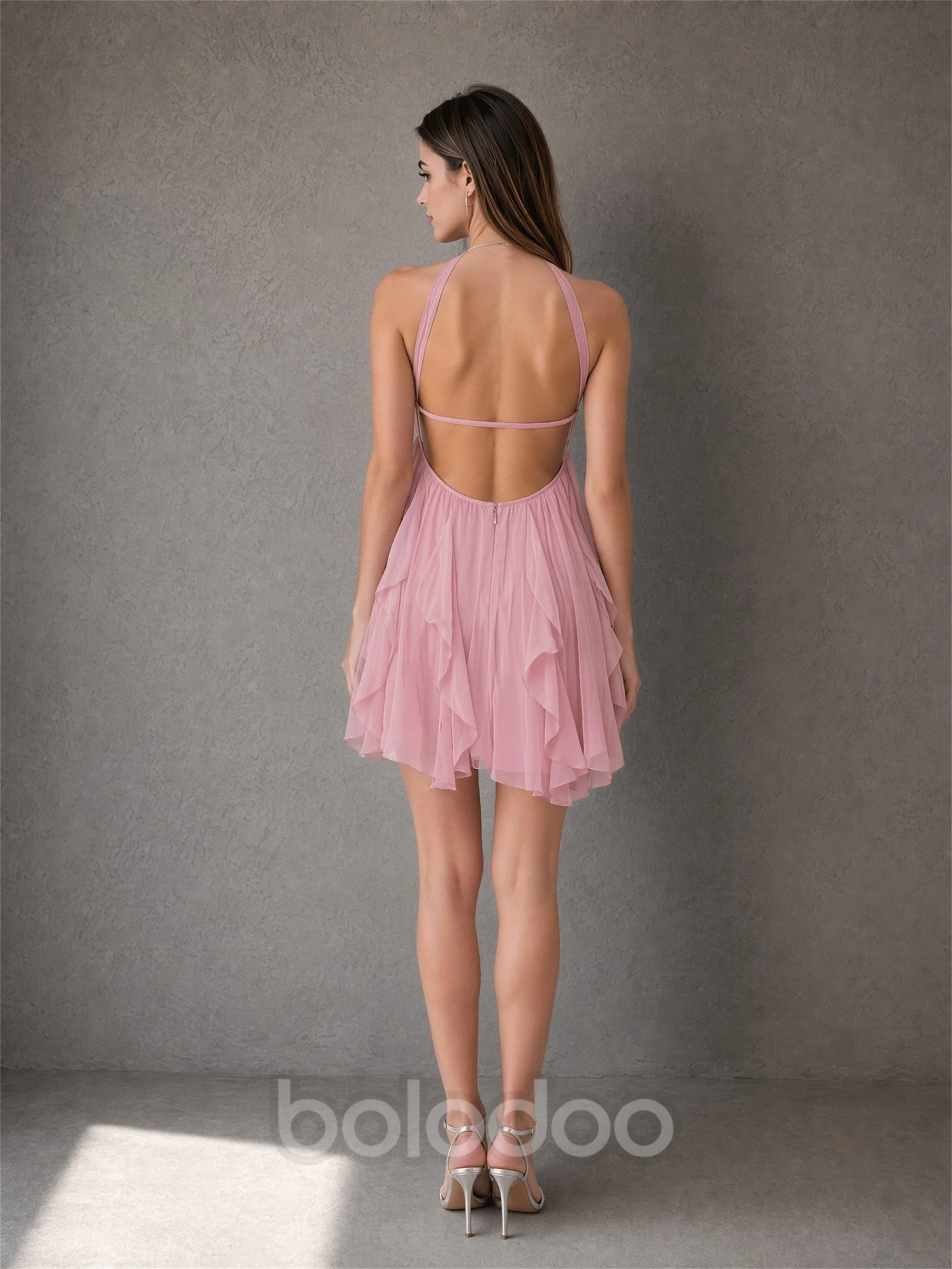 BOLODOO Dusty Pink Halter Neck Open Back Chiffon Mini Dress – Starfish Rhinestone Ruffle Cocktail Gown