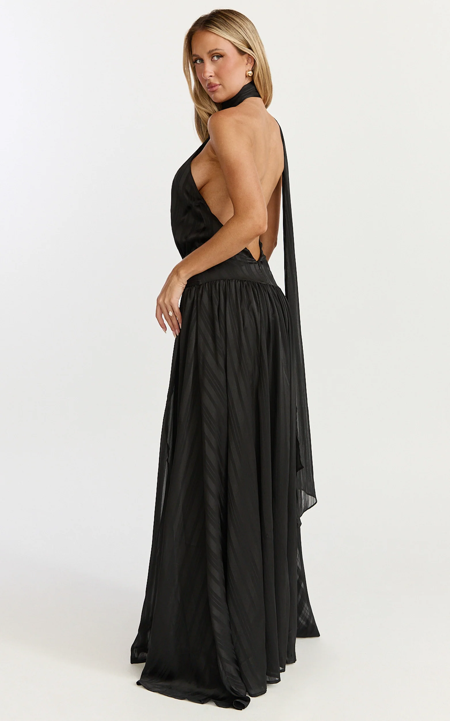 Mirabelle Maxi Dress - Scarf Neck Backless High Low Dress in Black