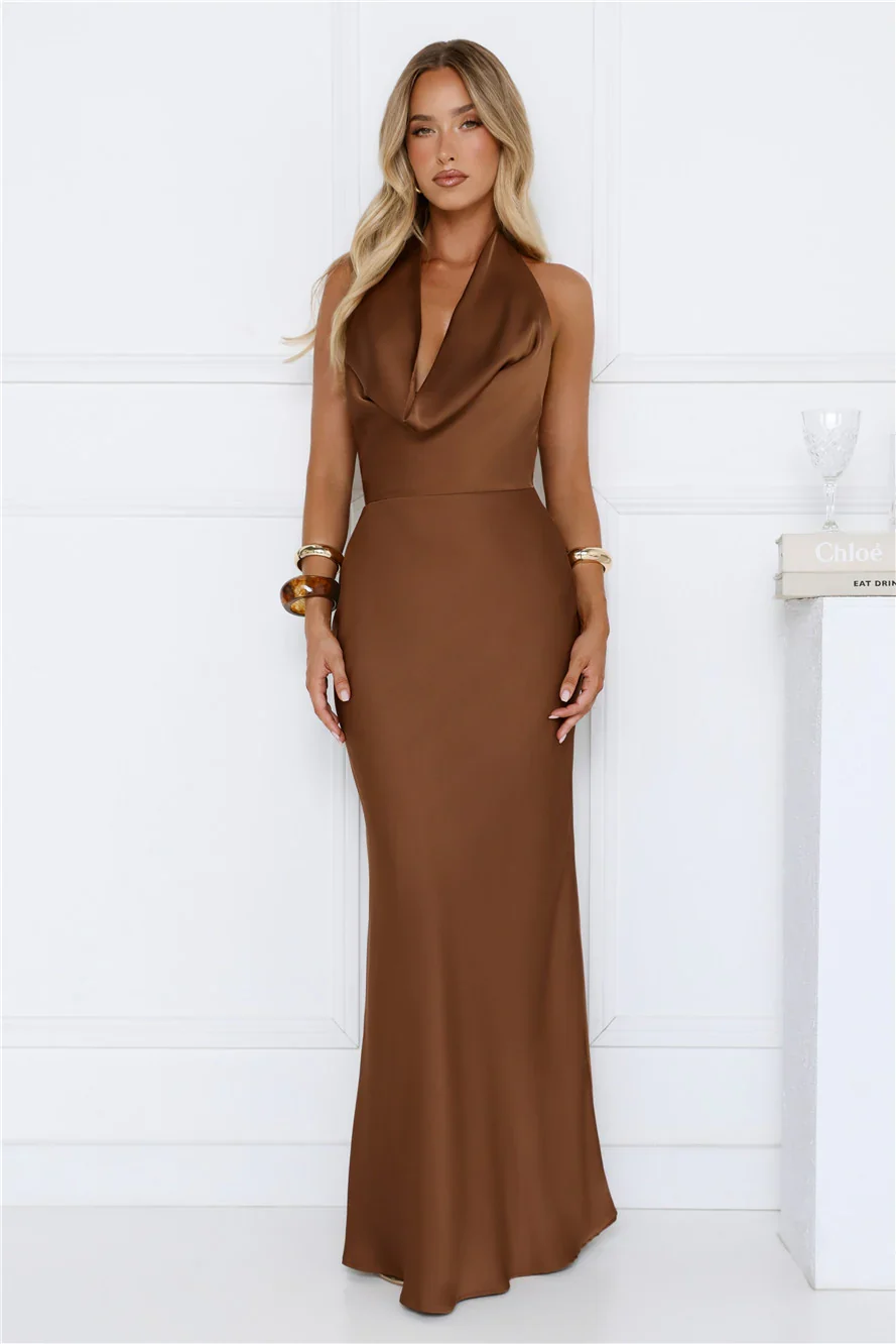 Cherry Whirl Satin Halter Maxi Dress Brown