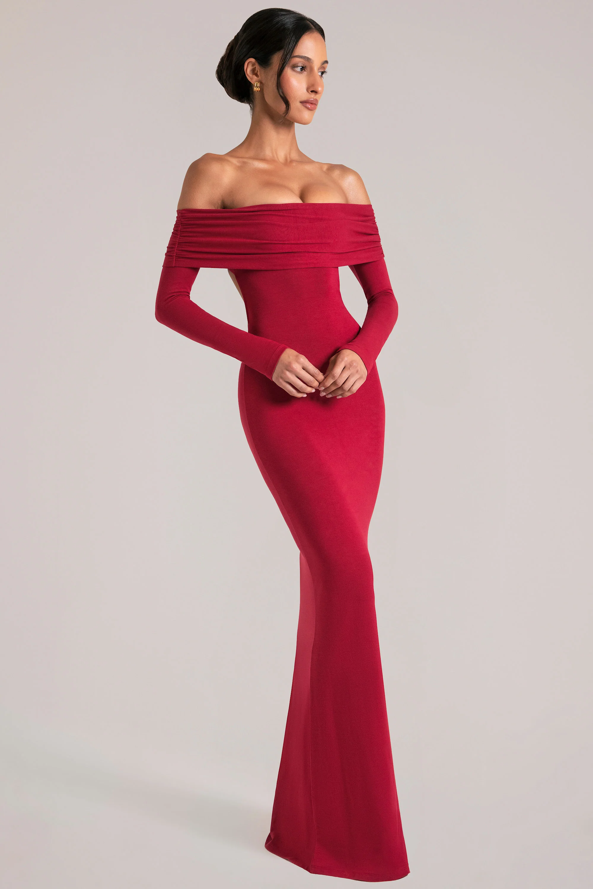 Off-Shoulder Long-Sleeve Maxi Dress in Cherry Red
