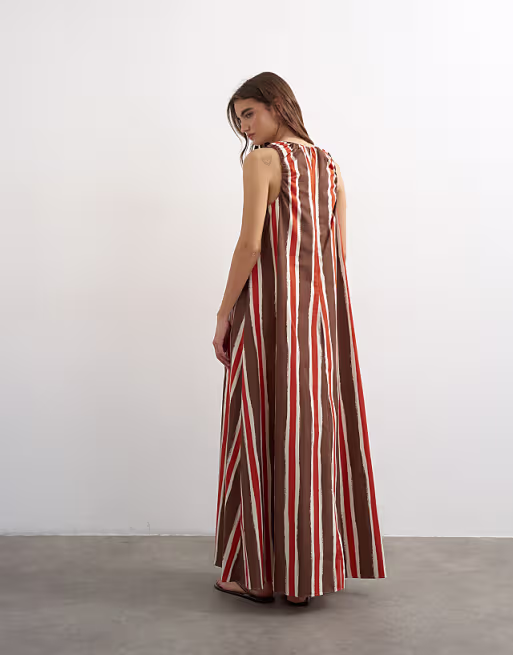 Topshop cotton poplin ruched neck maxi sundress in chocolate and red stripes