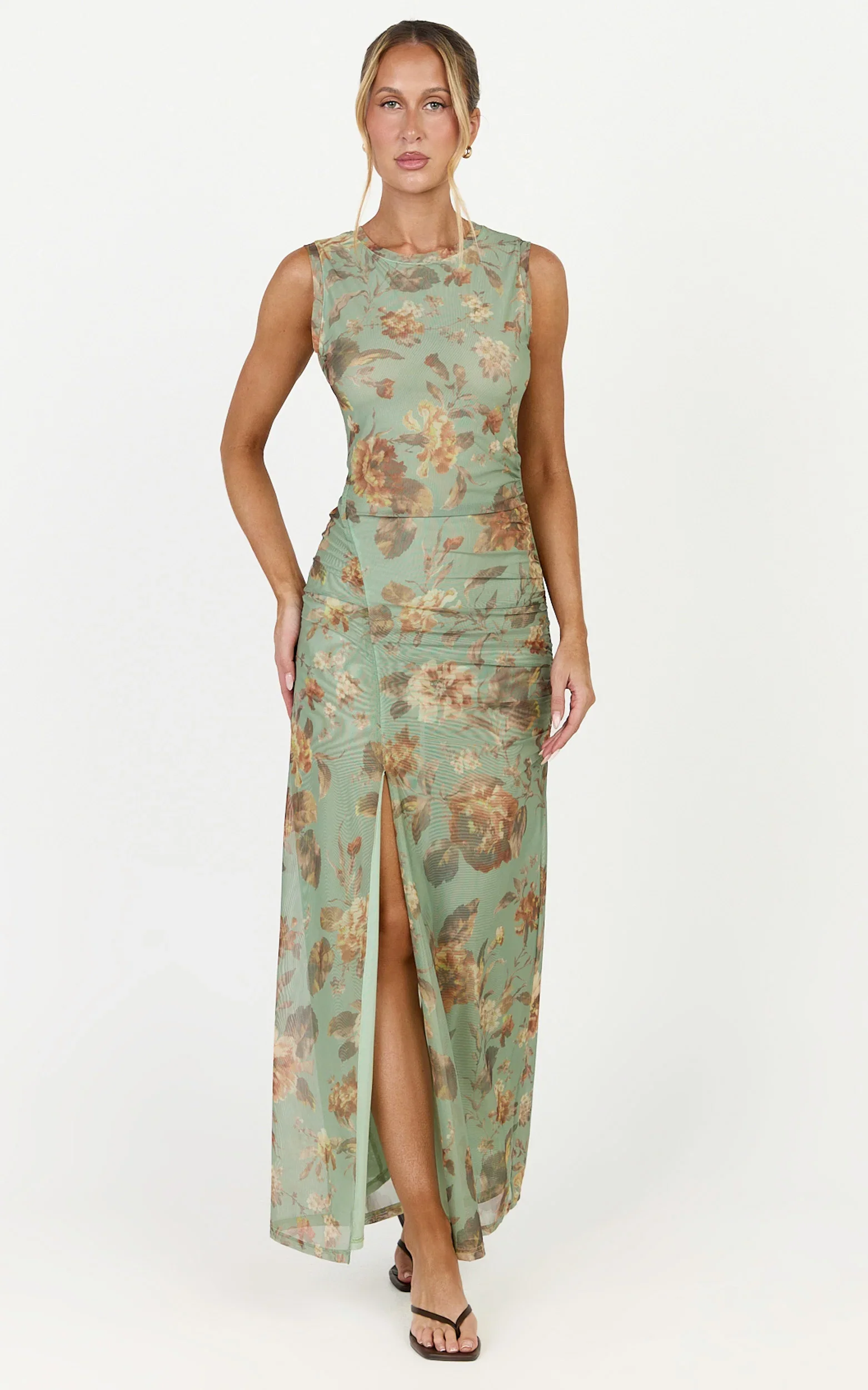 Amy Maxi Dress - Gathered Detail Front Split Sleeveless Dress in Multi