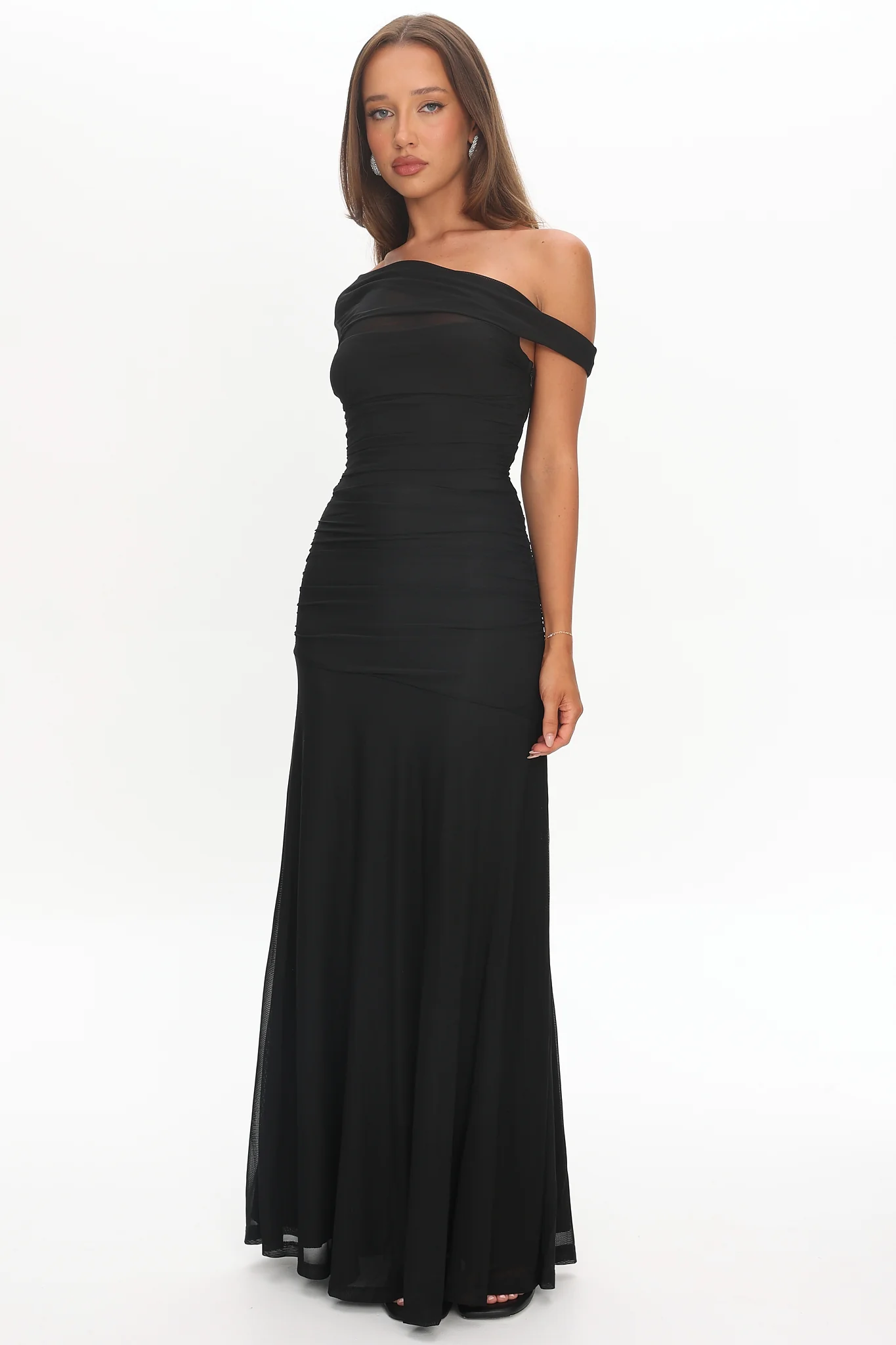 Lylah Asymmetric Neckline Mesh Maxi Dress Black