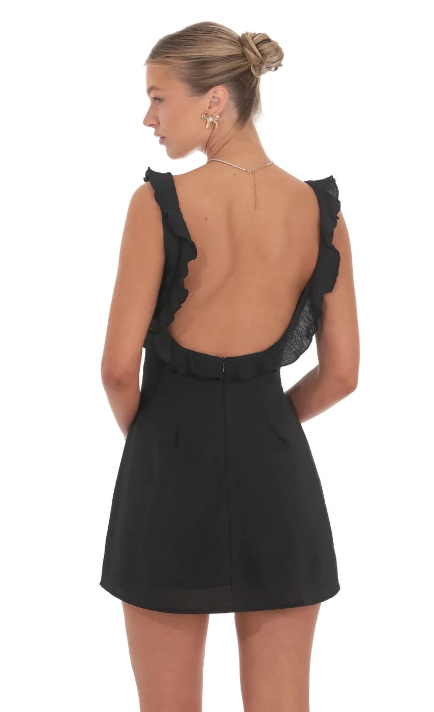 Ruffle V-Neck Dress in Black
