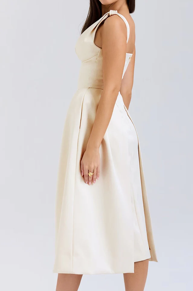 Deep V Neck Cinch Waist Satin Midi Dress
