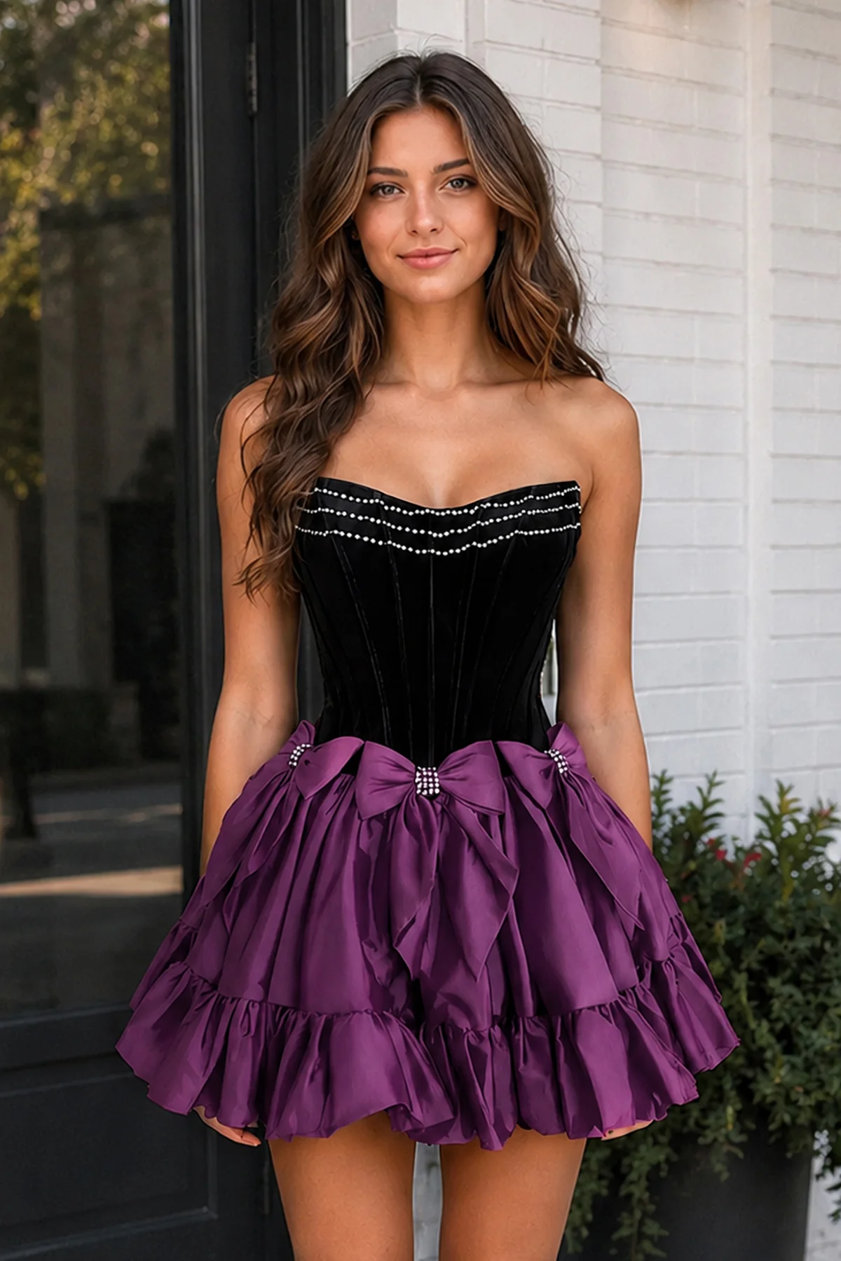 Fuchsia Strapless A Line Velvet Homecoming Dresses With Bow