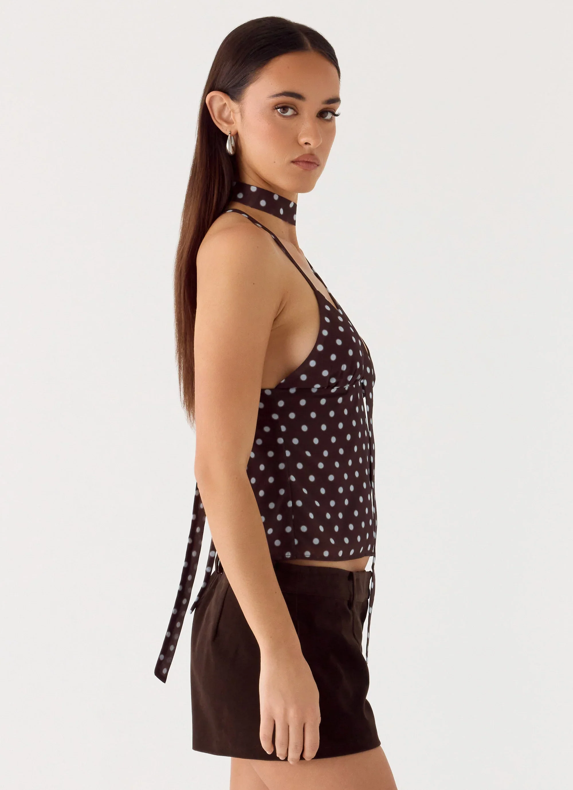 Quiero Backless Top - Chocolate Blue Dot