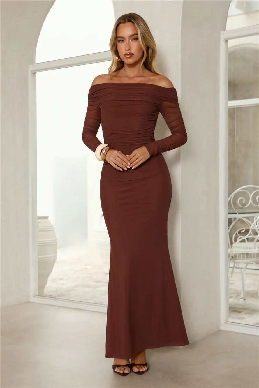 Glam Mesh Off-Shoulder Maxi Dress Rust