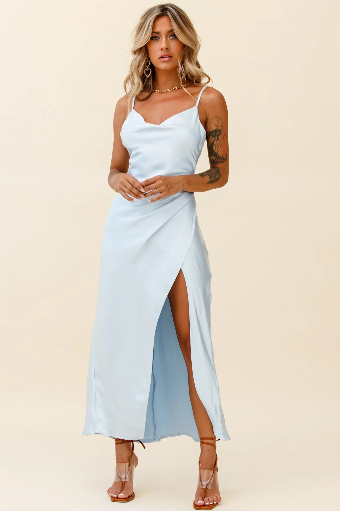 Hey Girl Long Satin Cowl Neck Dress Steel Blue
