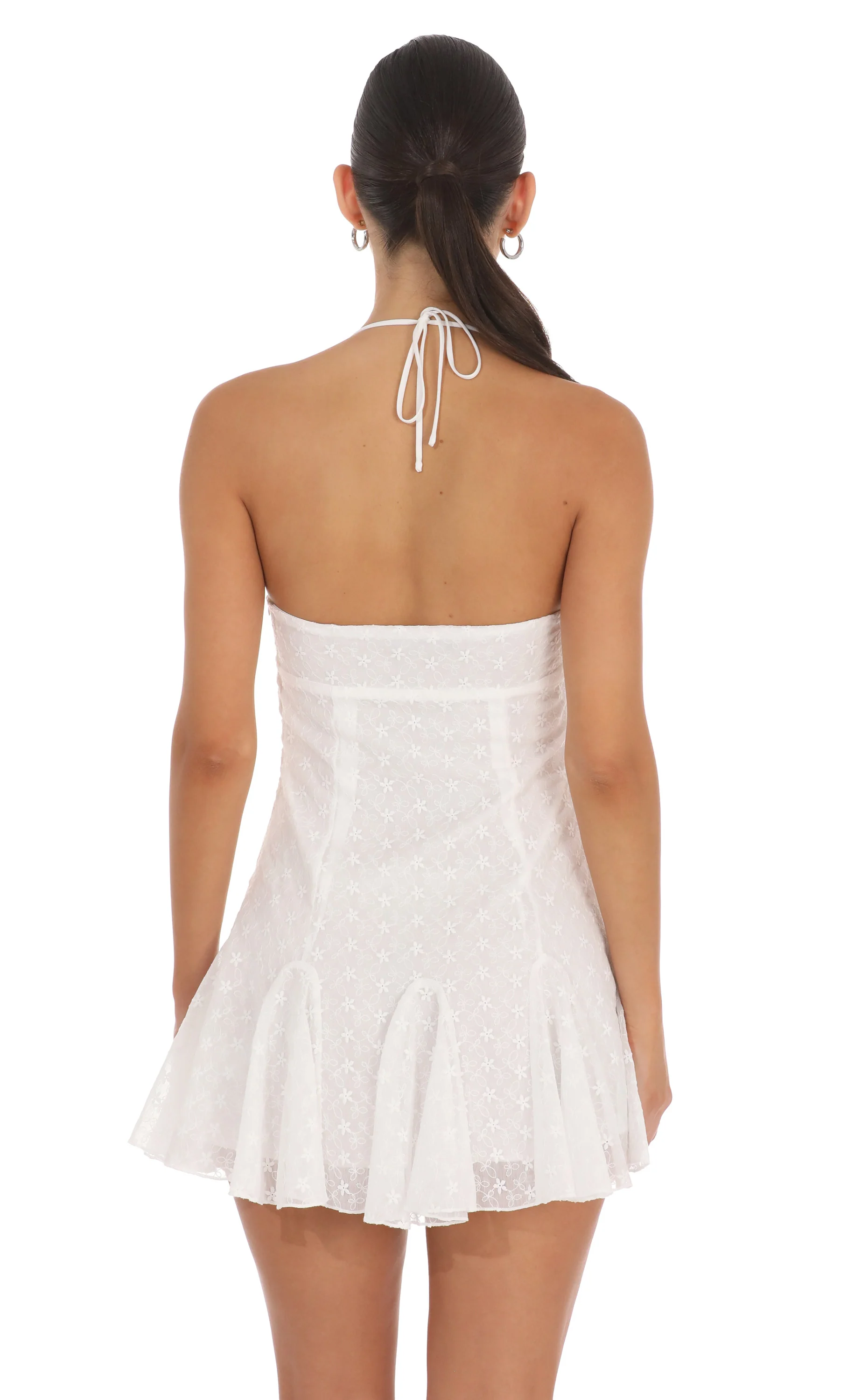 Embroidered Floral Flared Mini Dress in White
