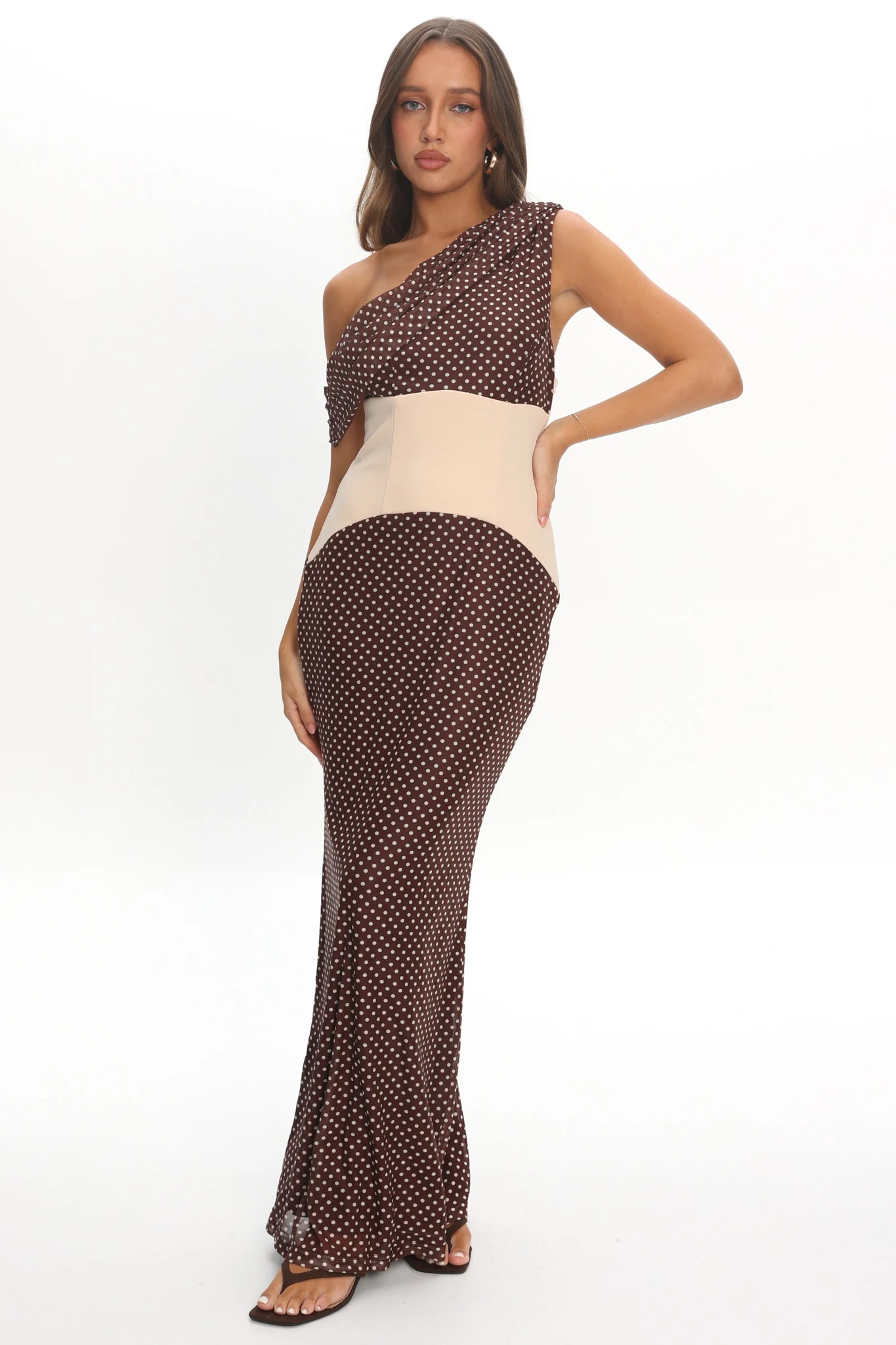 Milos Asymmetric Neckline Maxi Dress Chocolate Dot