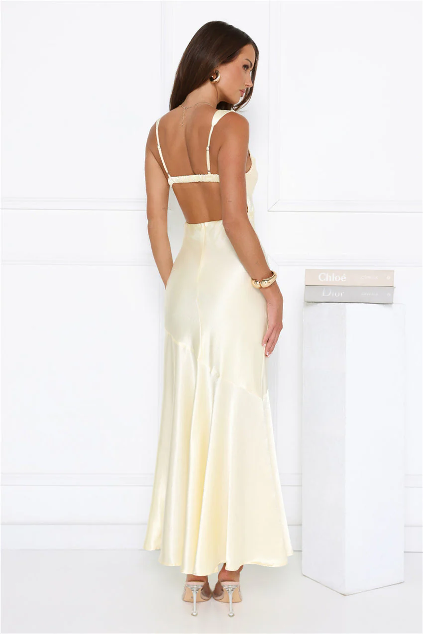 Kiss Crush Satin Maxi Dress Yellow - luluinthesky