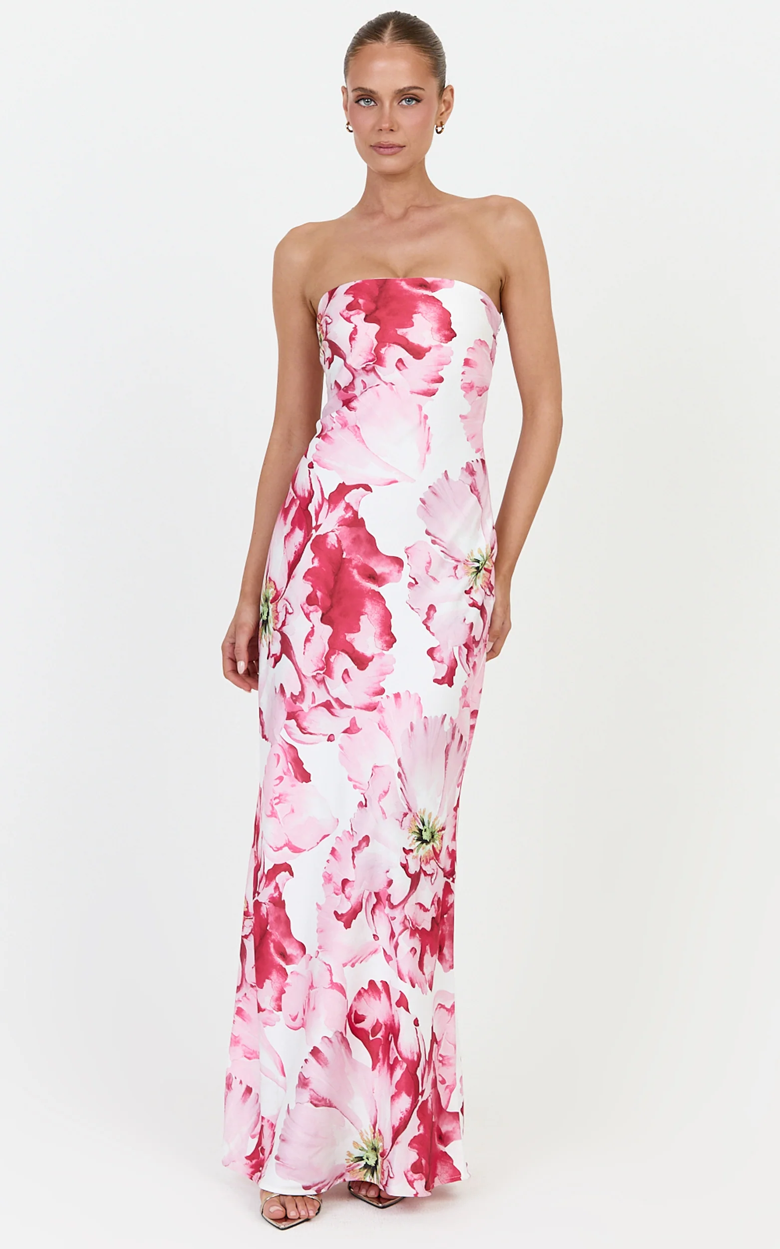 Alessia Maxi Dress - Strapless Fitted Dress in Poppy On White Print