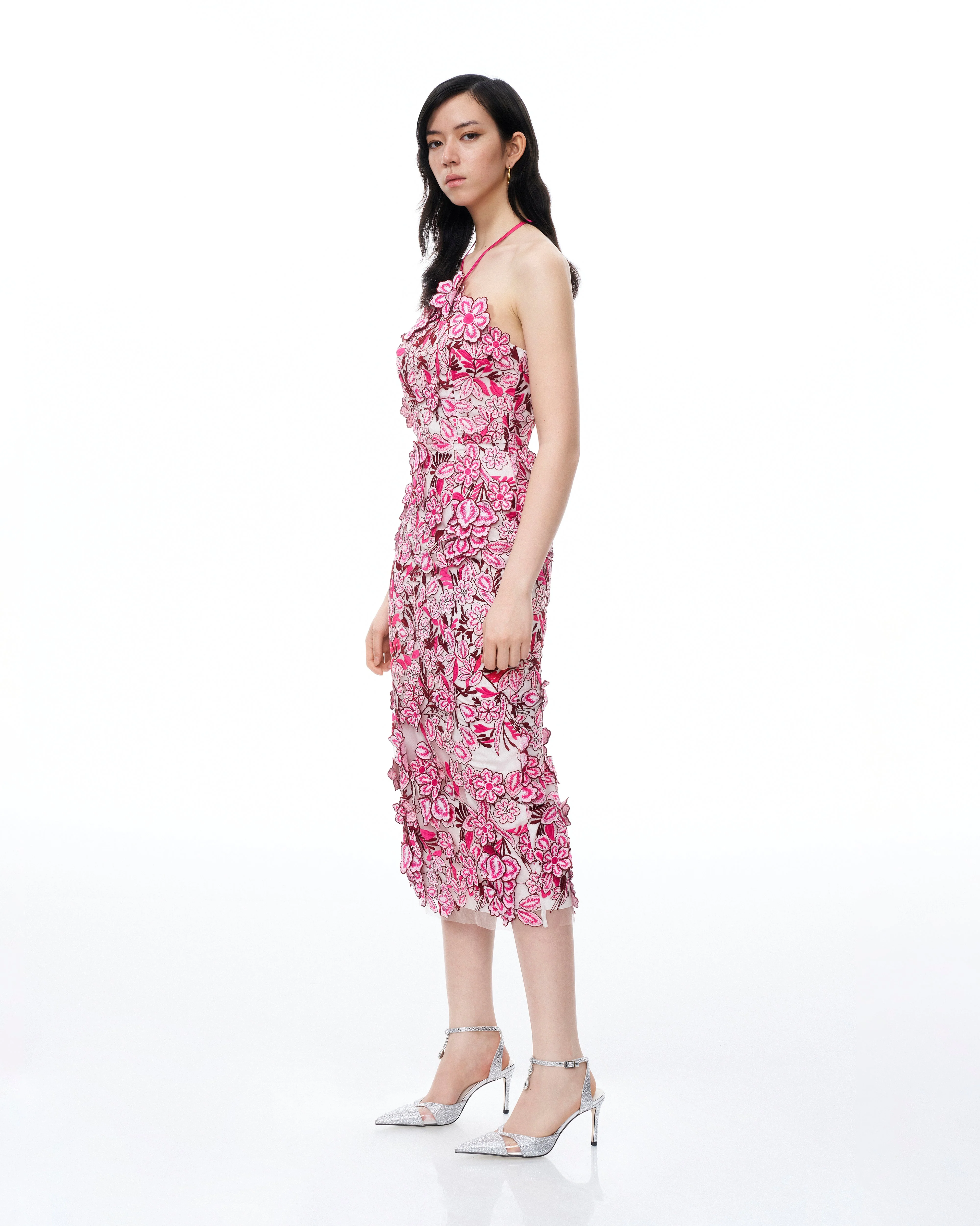 Fiora Halter Neck Floral Embroidered Maxi Dress - Rose Red - FASHION NOB