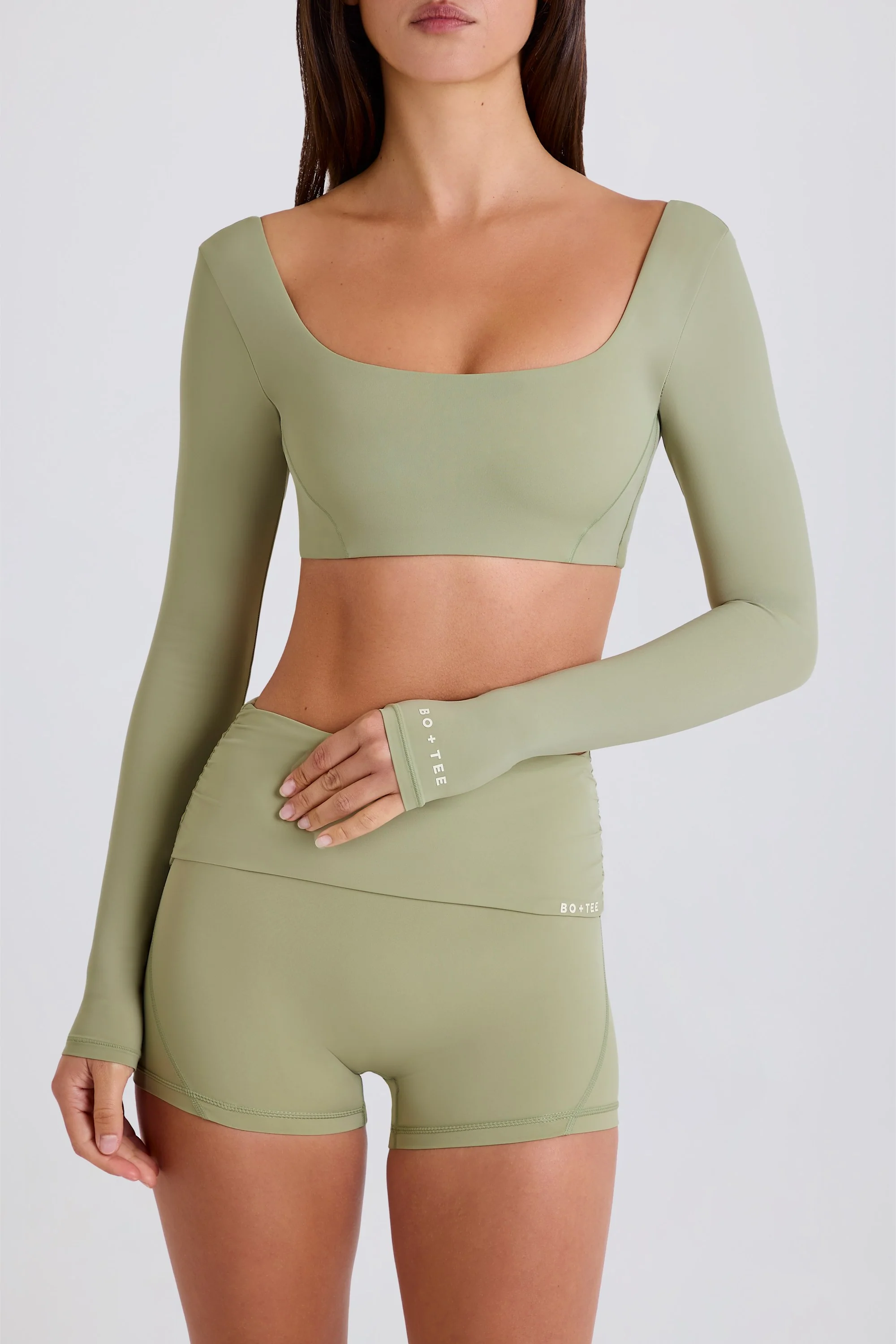 Four-Way Stretch Multiway Long-Sleeve Crop Top in Matcha