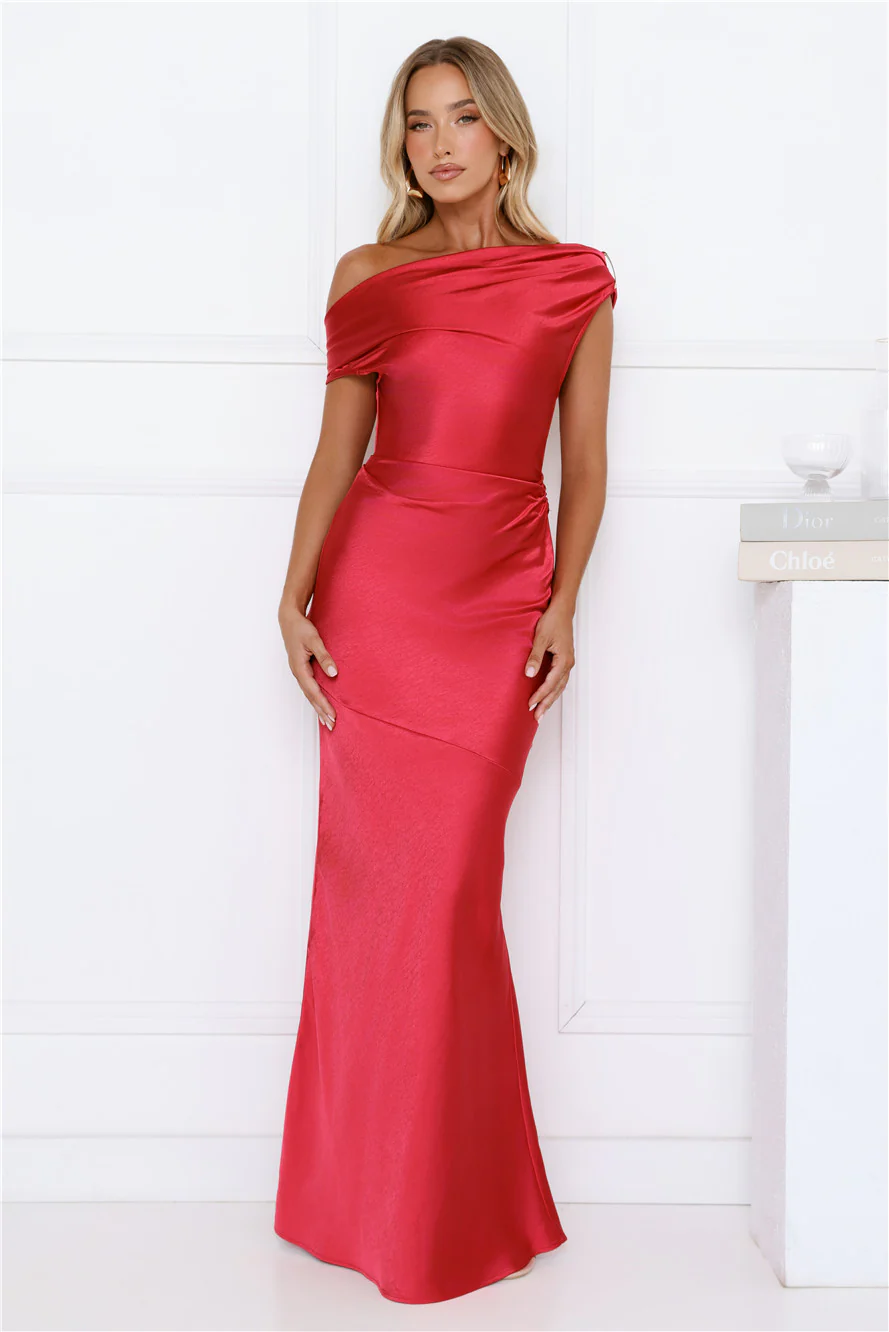 She’s A Dream Satin Off Shoulder Maxi Dress Red