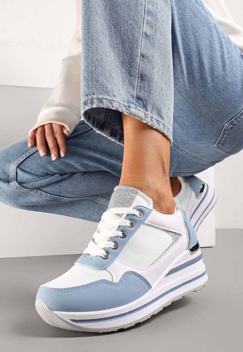 Beżowe Sneakersy na Niskiej Platformie ze Wstawkami Brokatowymi Gwenoa