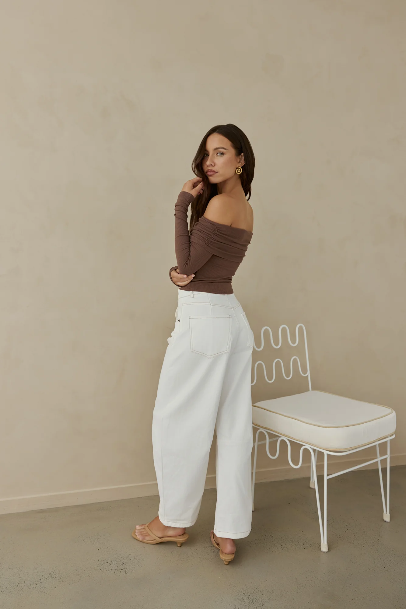 Autumn Dreamer Long Sleeve Off Shoulder Top Brown