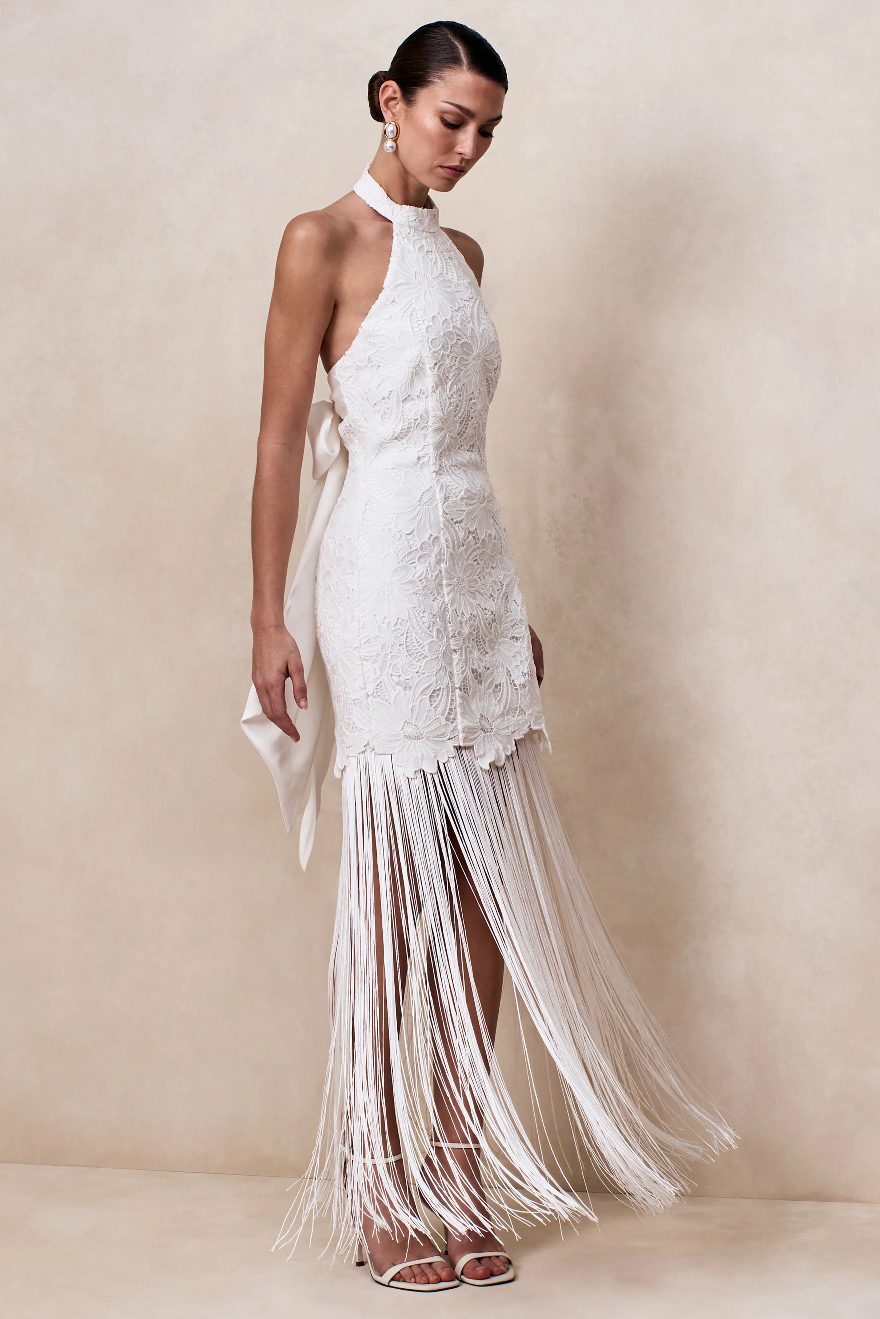 Skylar | White Lace Halter-Neck Maxi Dress With Open-Back And Bow Detail
