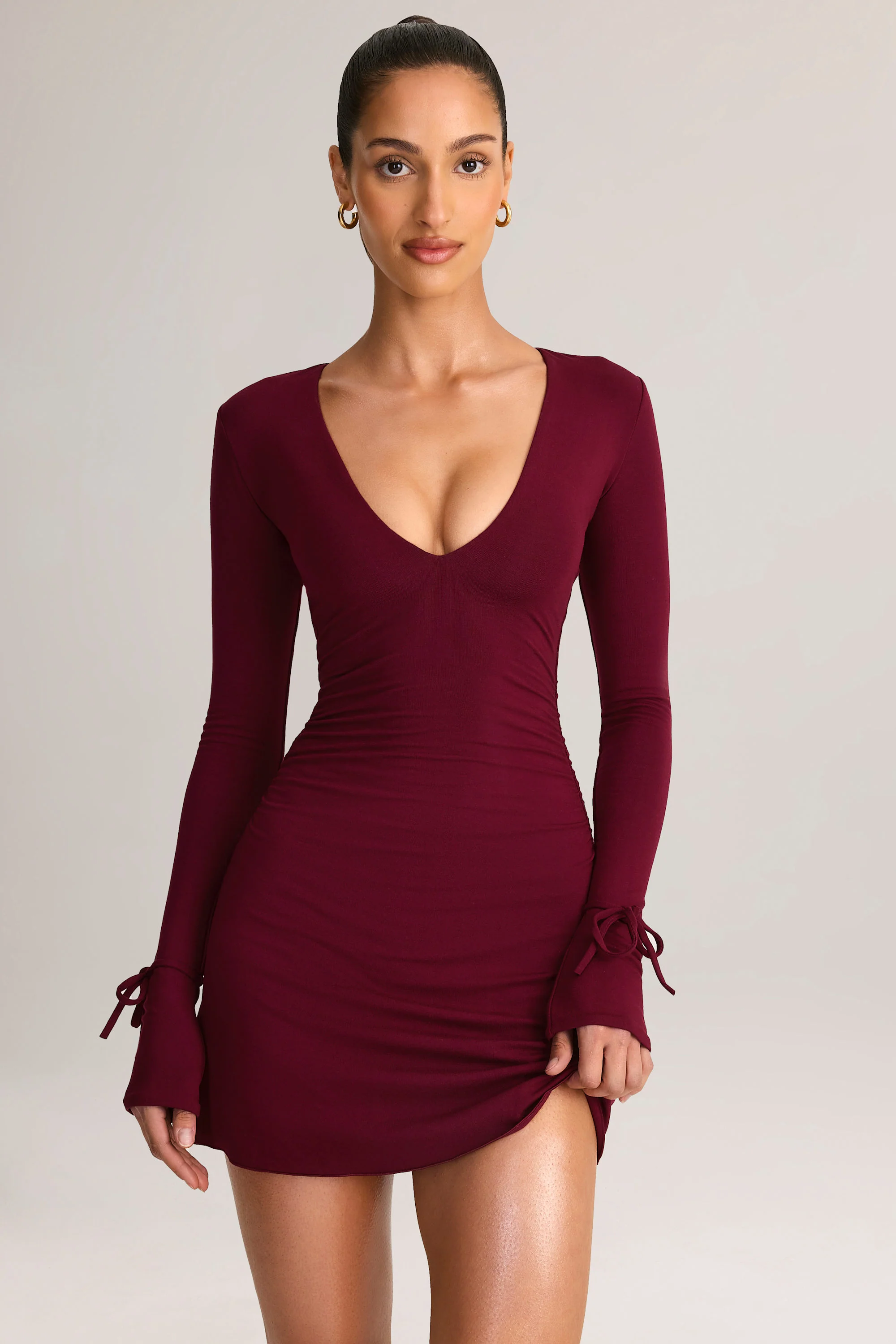 Modal Long-Sleeve Mini Dress in Wine