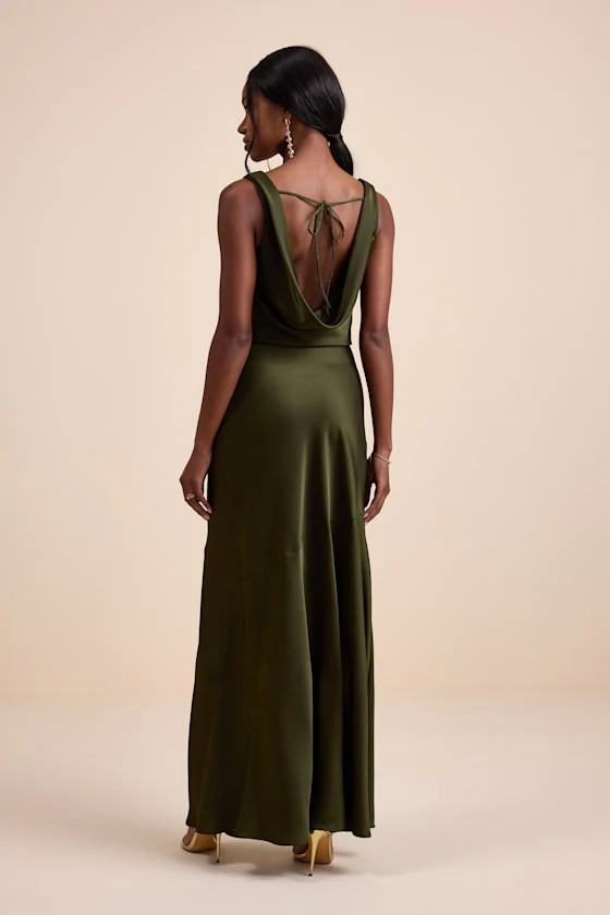 Aernah Olive Satin Cowl Tie-Back Slip Maxi Dress - luluinthesky