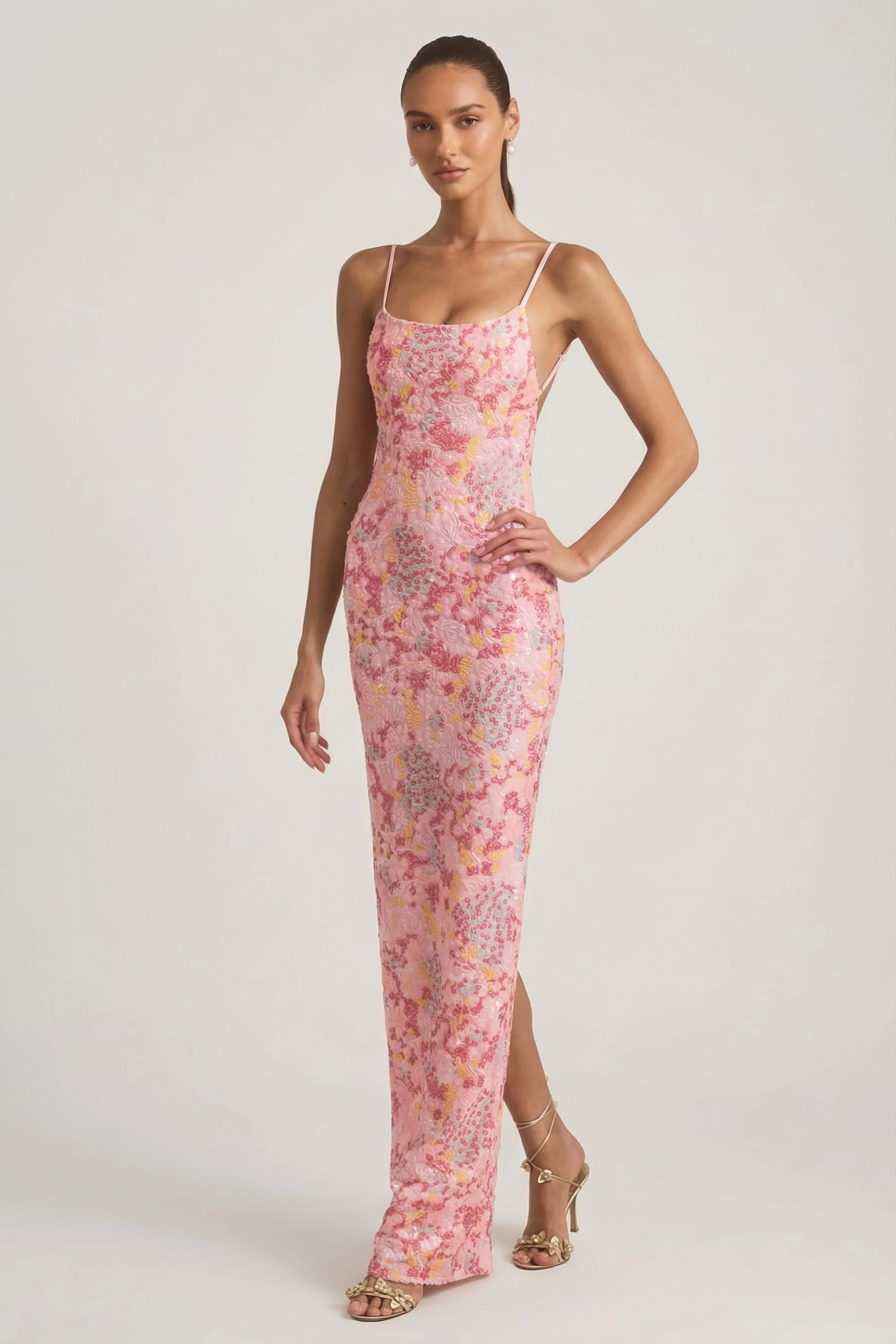 Embellished Scoop-Neck Backless Maxi Dress in Pink