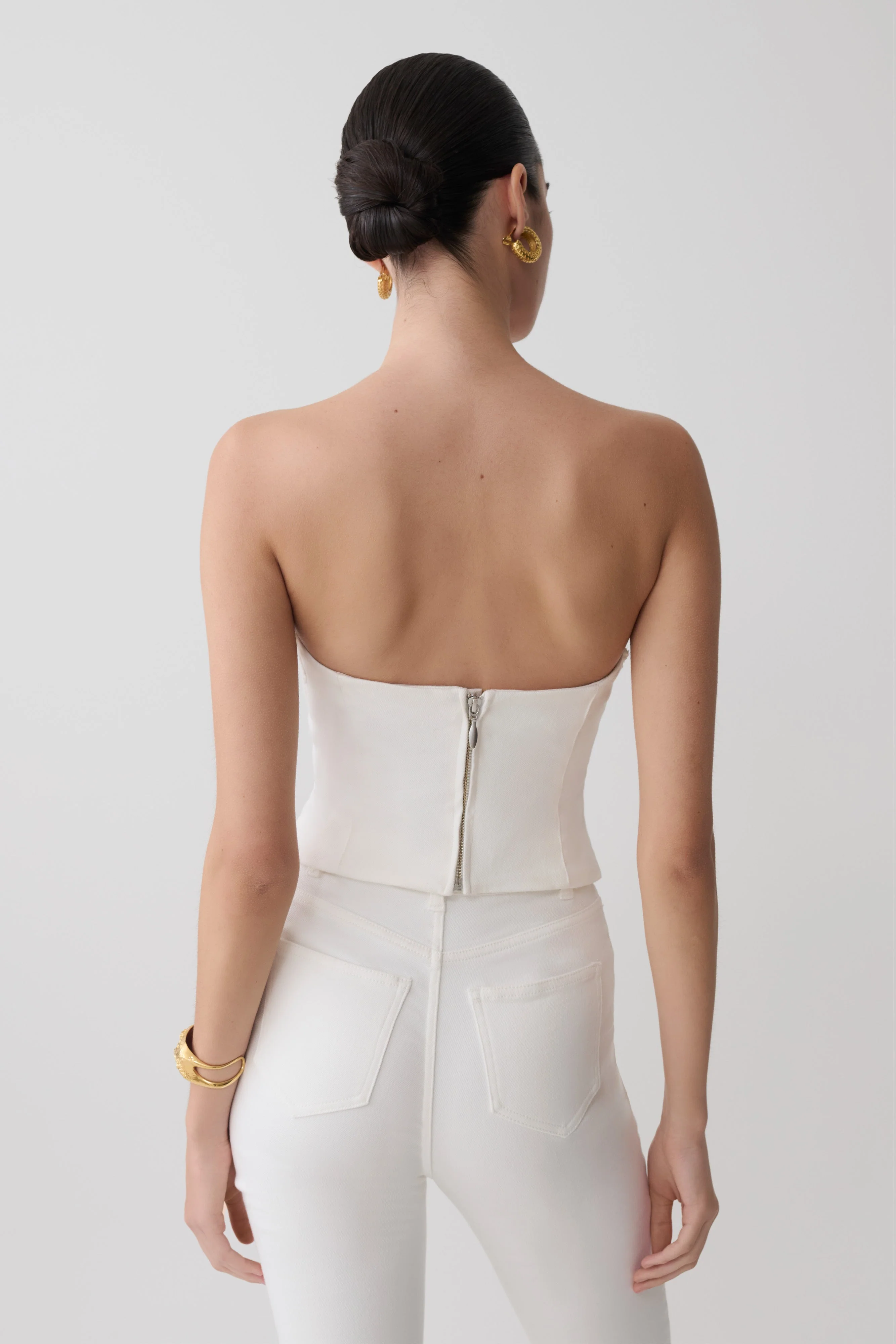 Tillie Flower Embroidery Strapless Denim Top - White