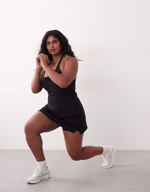 4505 Curve active halter neck tennis dress with under shorts in black