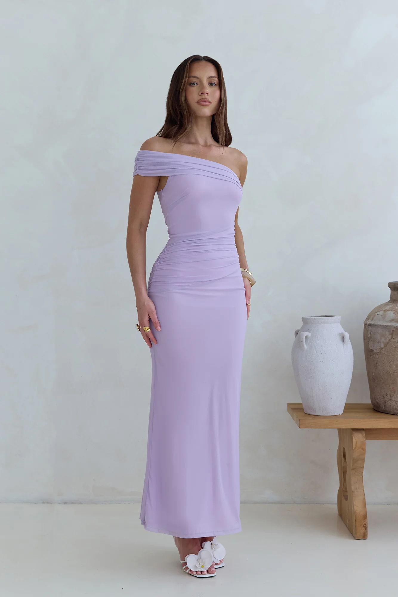 Dahlia One Shoulder Mesh Maxi Dress Lilac - luluinthesky