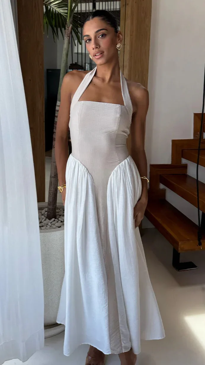 Sammi Halter Midi Dress - Sand/White