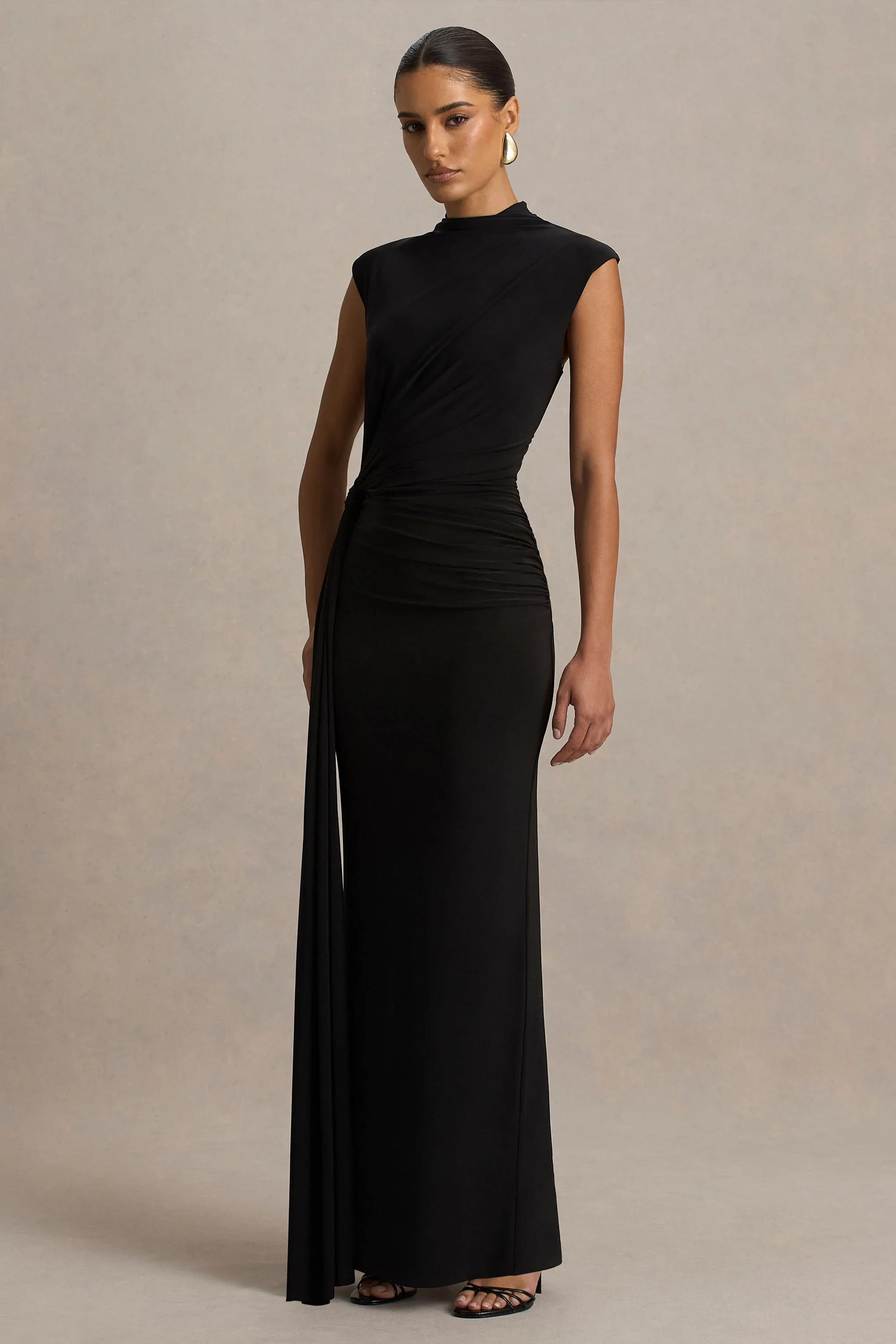 Solene | Black High-Neck Maxi Dress With Wrap And Drape Detail