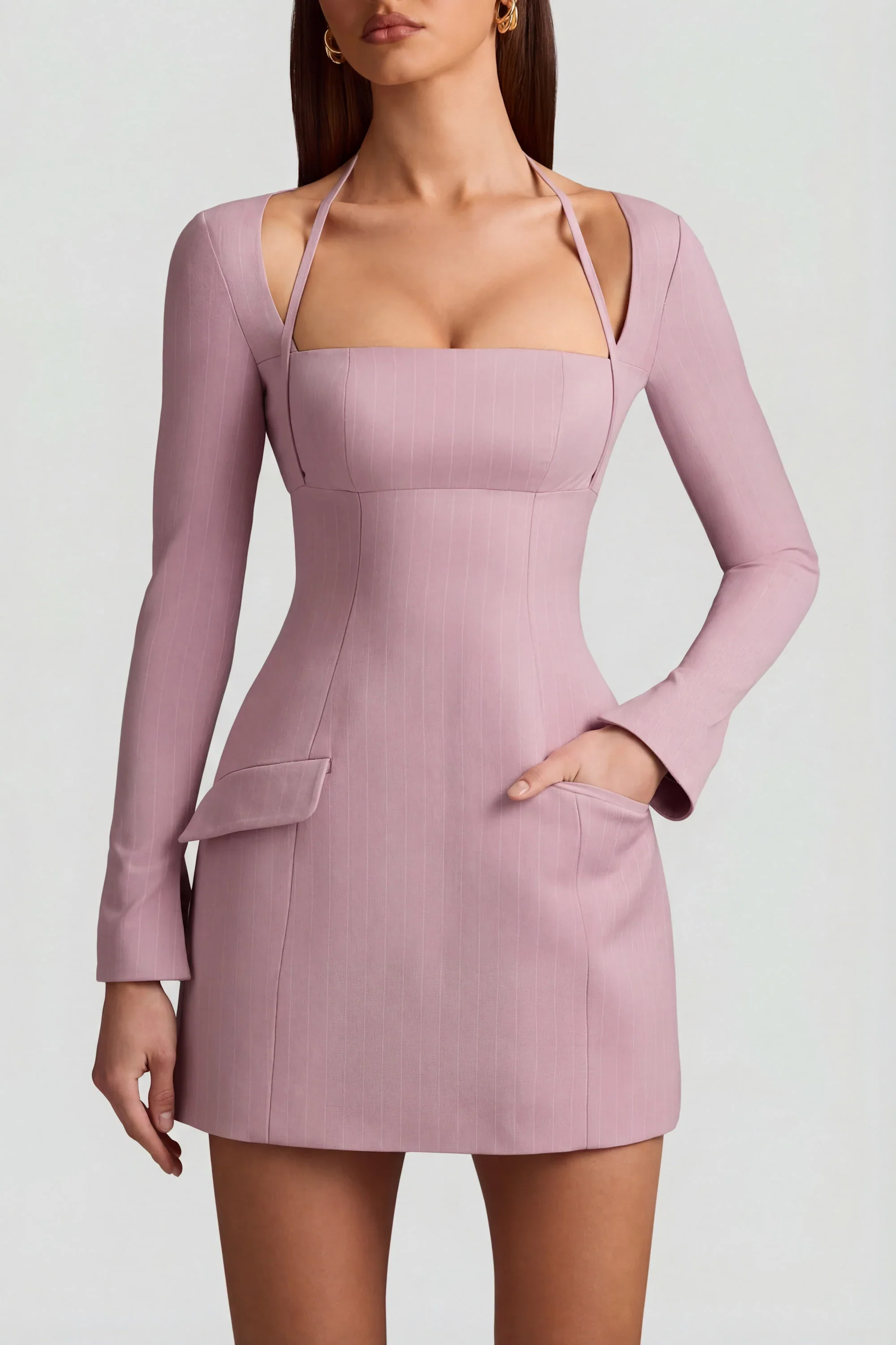 Pinstripe Structured A-Line Mini Dress in Mauve