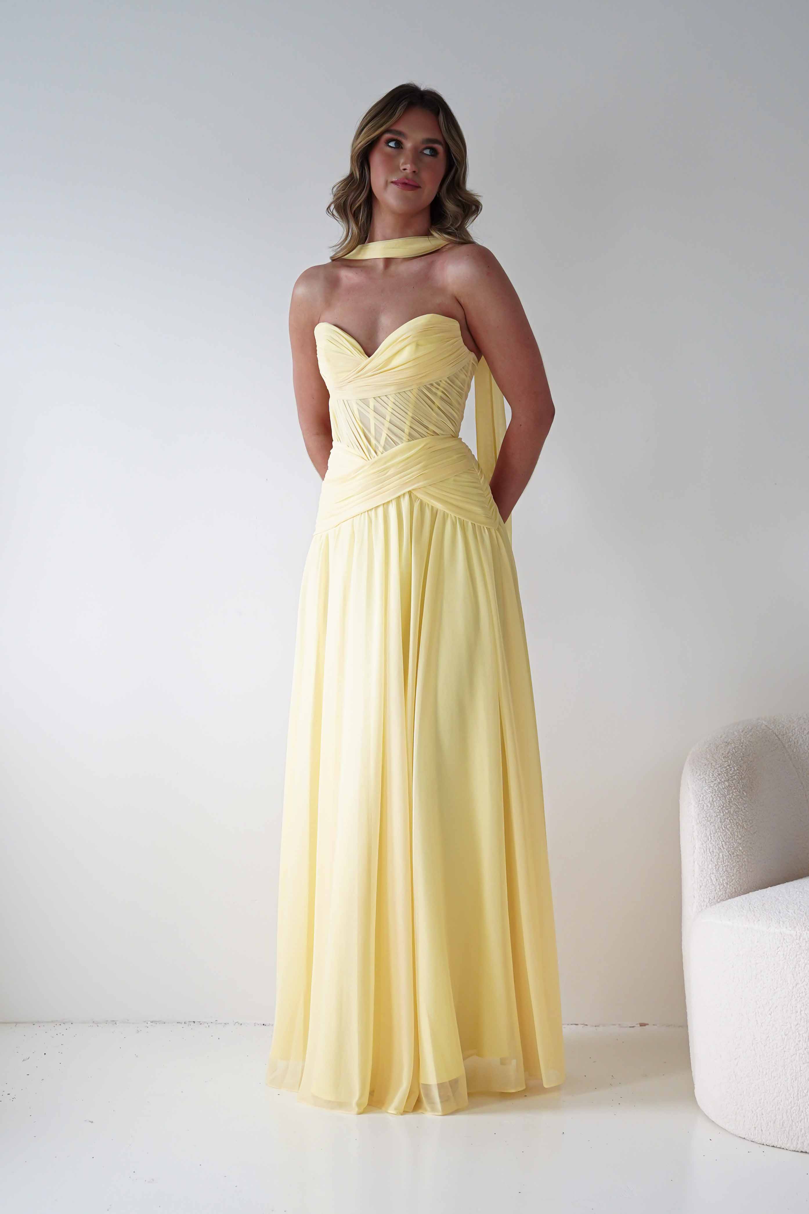 Nicolette Strapless Chiffon Maxi Gown | Yellow