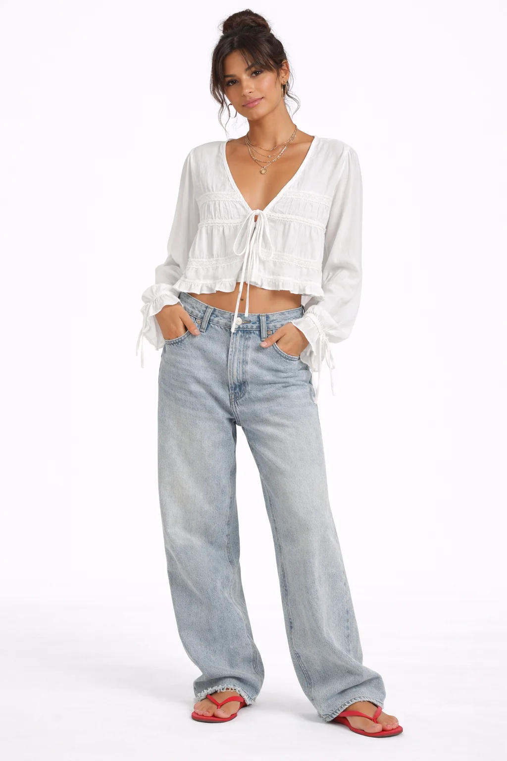 Long Sleeve Tie Front Blouse With Ruffle Detail