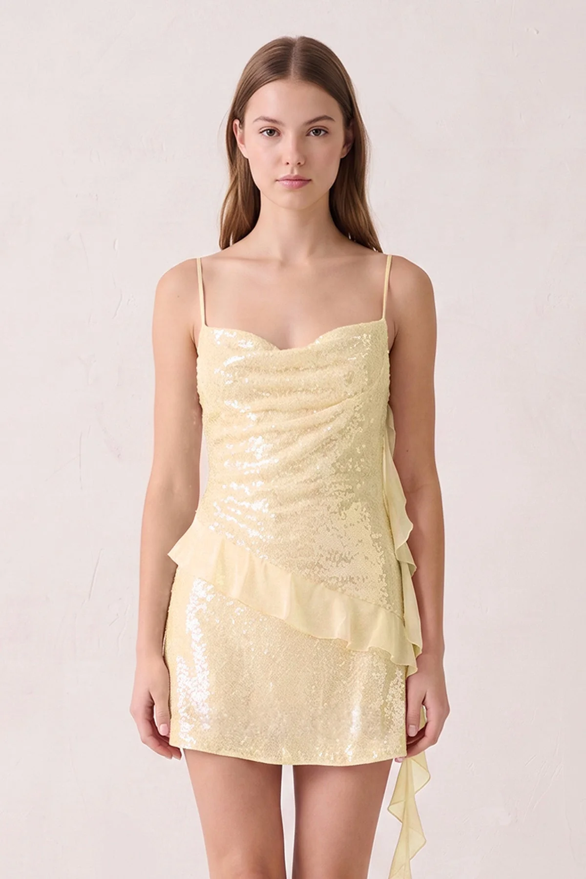 Pink Spaghetti Straps Sequin Ruched Ruffled Sheath Homecoming Dress