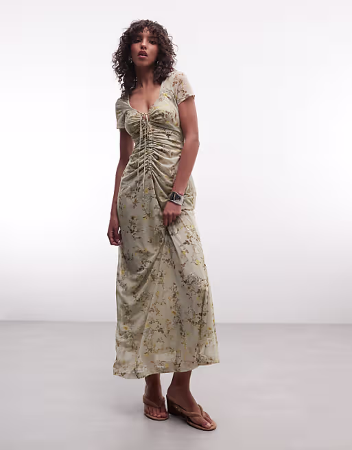 AllSaints Gabby short sleeve gathered floral mesh midi dress in green multi
