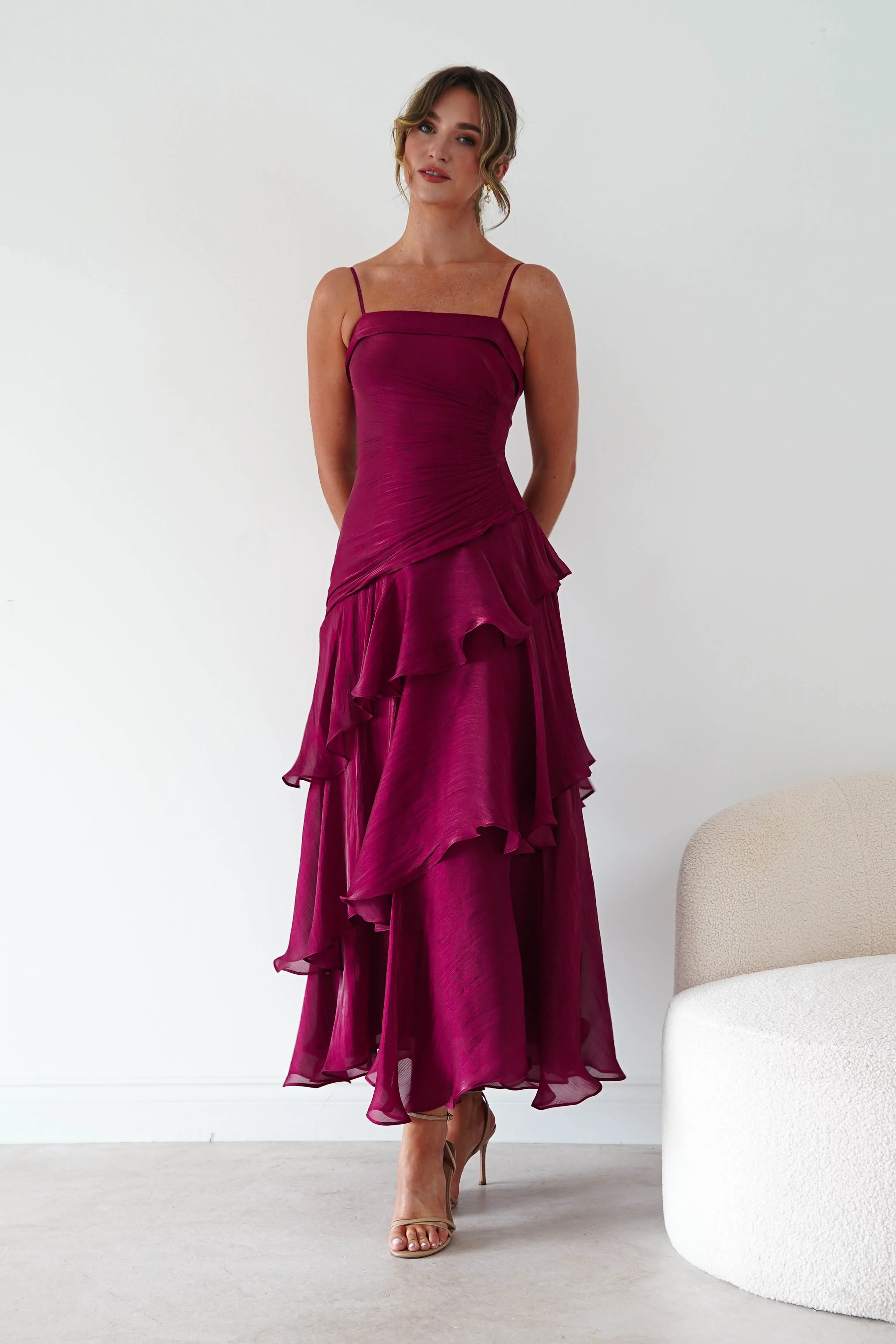 Renee Luminescent Ruffle Maxi Dress | Wine