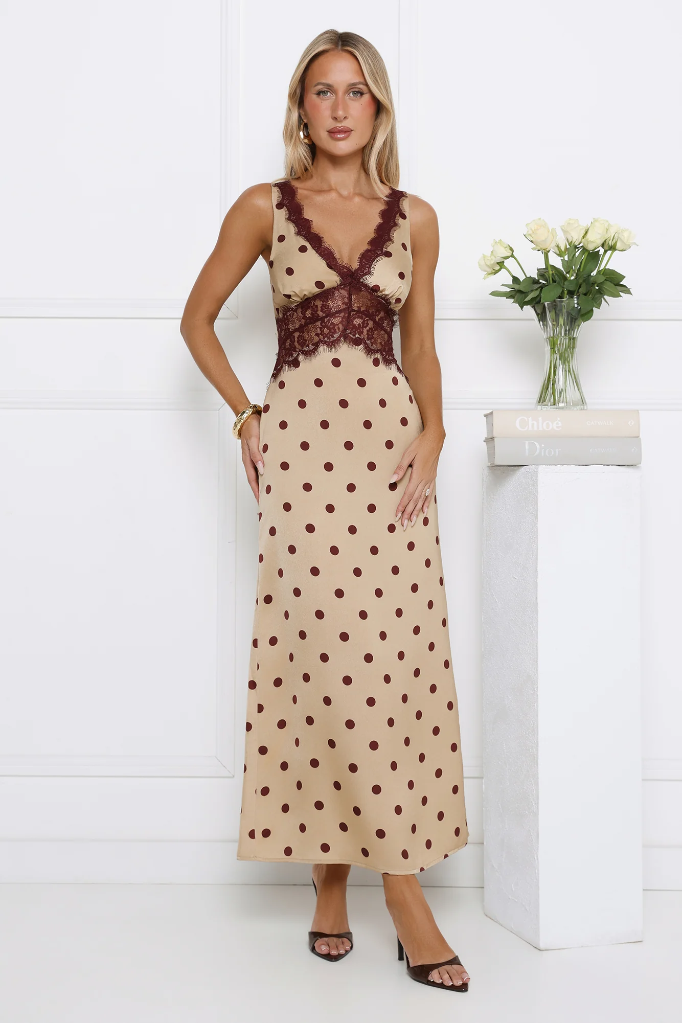 Trending Polka Dots Satin Maxi Dress Yellow