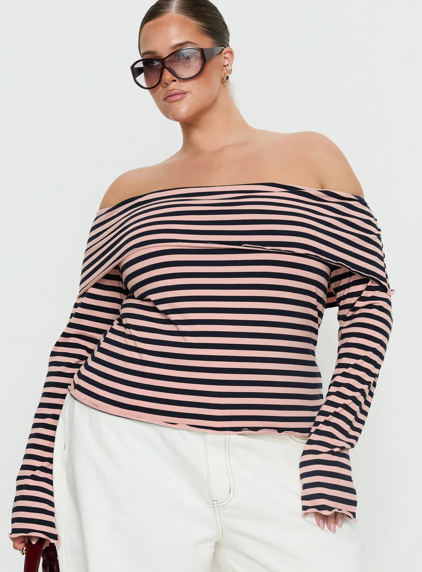Janicia Off Shoulder Top Pink Stripe Curve
