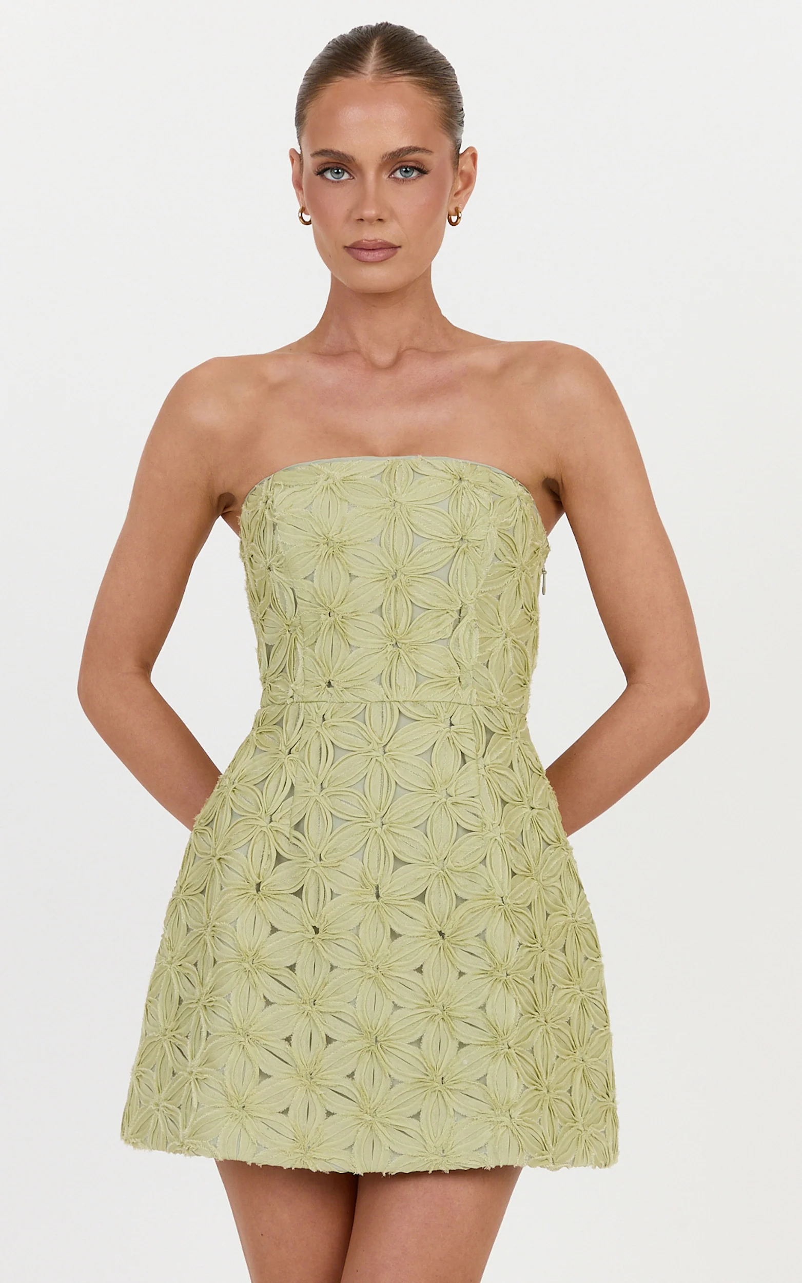 Nina Mini Dress - Strapless 3D Floral A Line Dress in Green