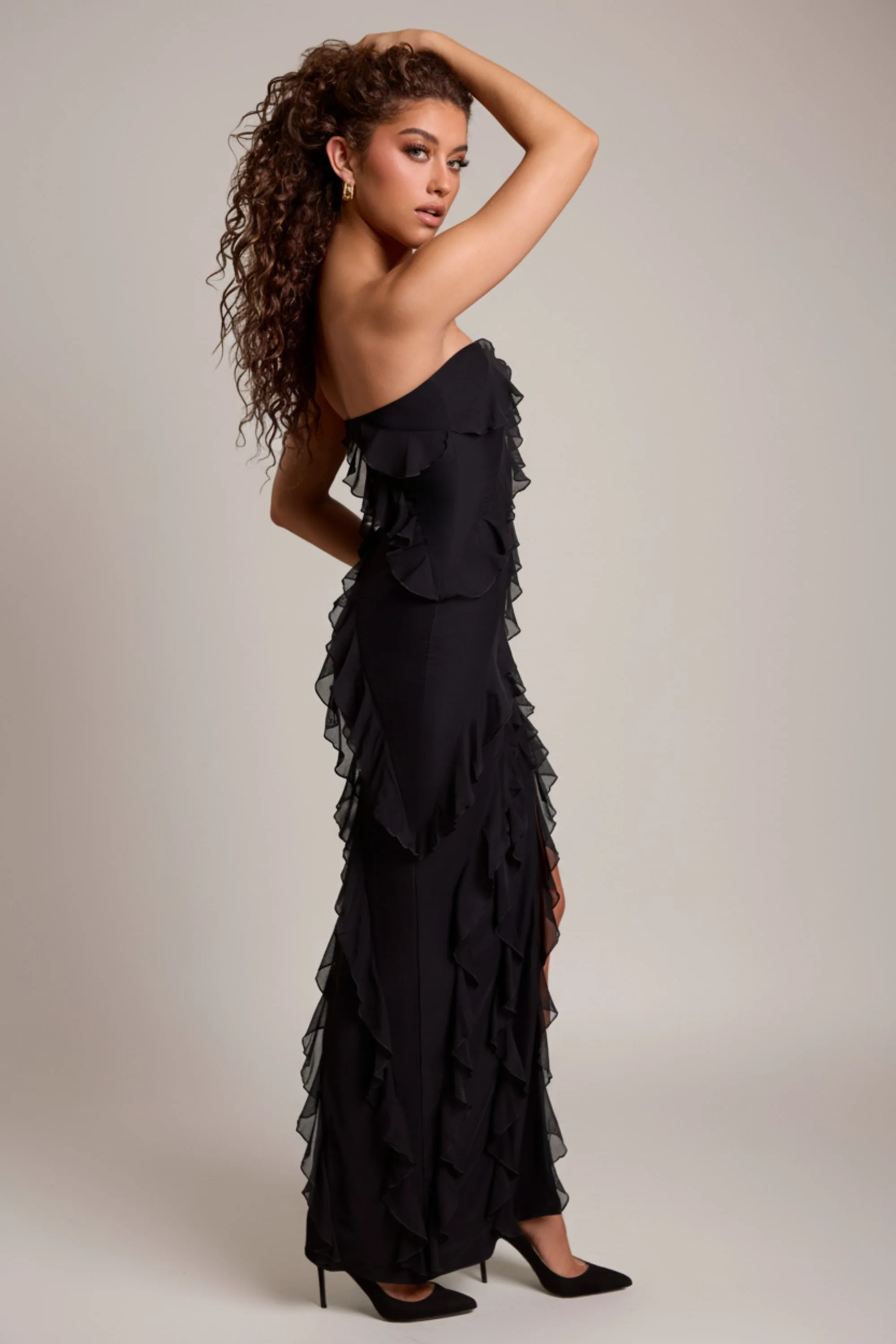 Bandeau Ruffle Detail Maxi Dress in Black
