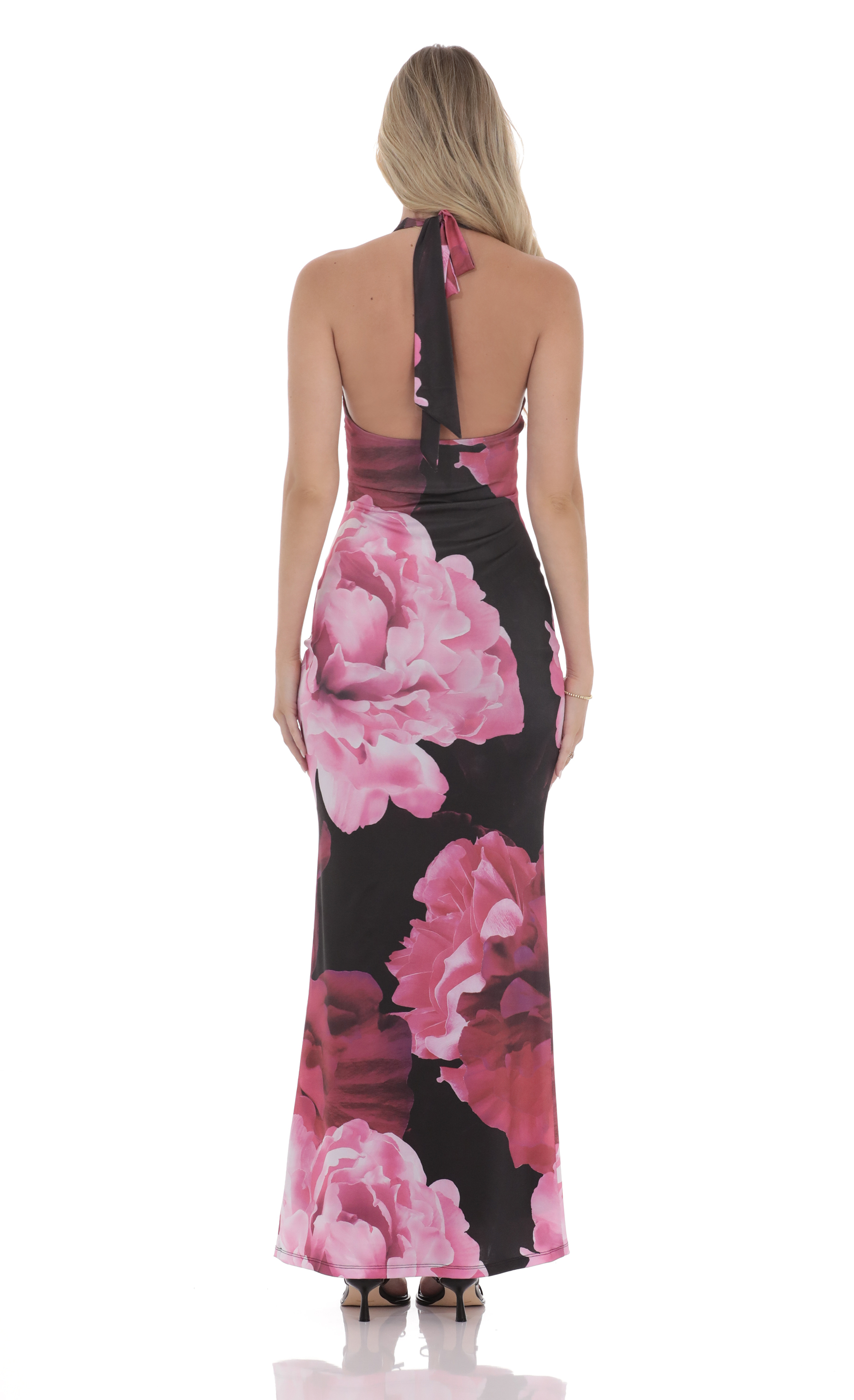 Pink Floral Halter Maxi Dress in Black - luluinthesky