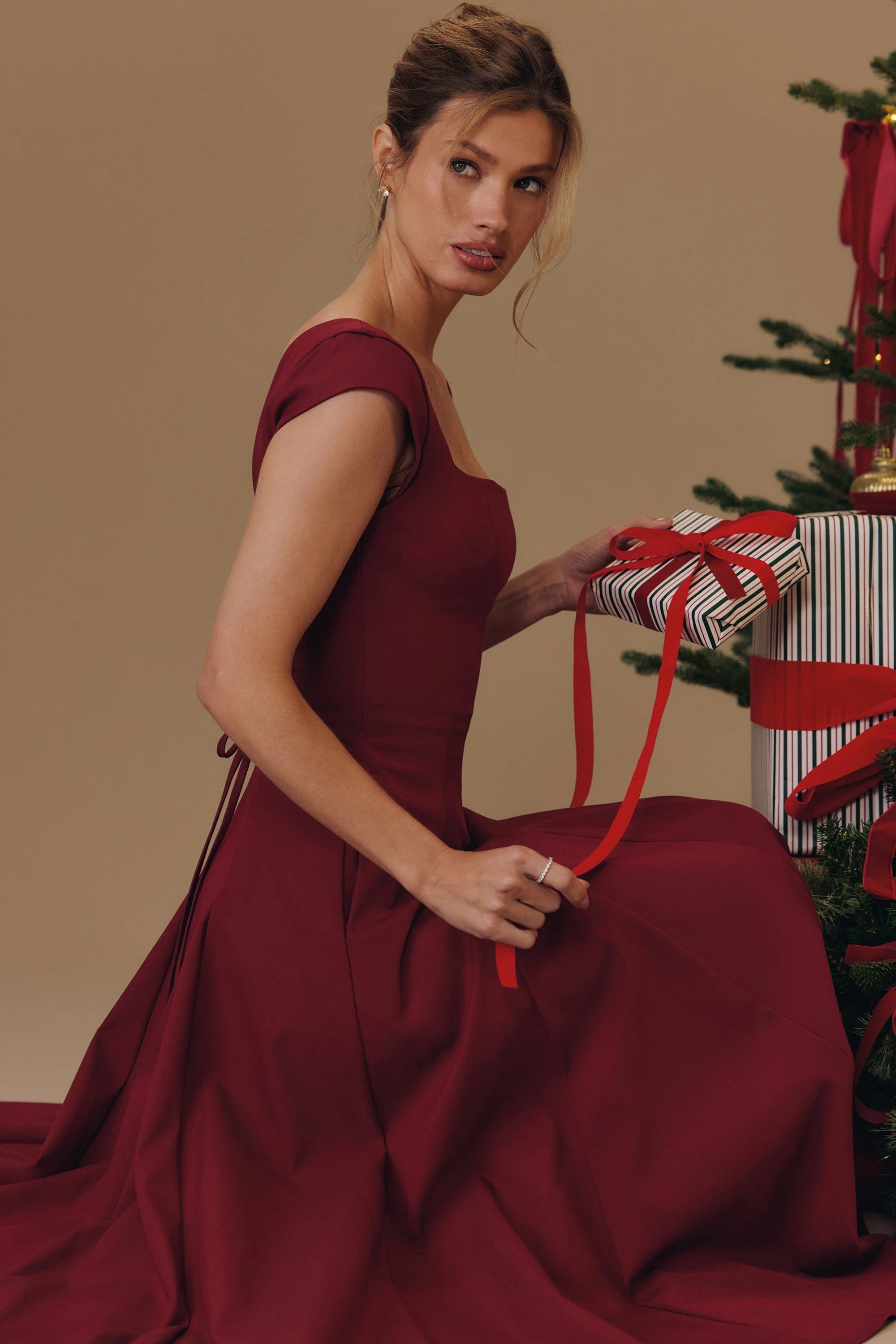 wine lace back twill midi dress