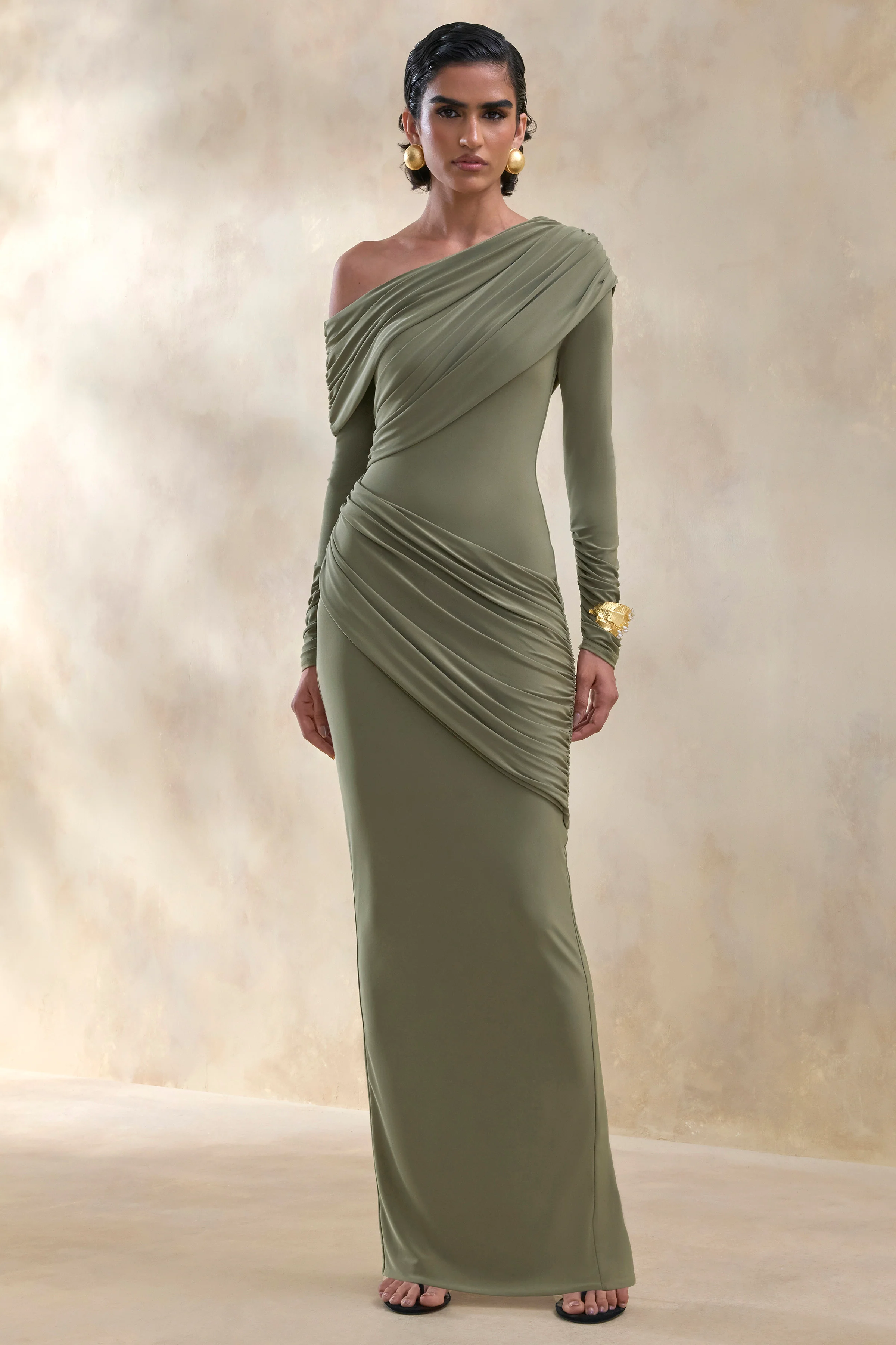 Rosirene | Olive Asymmetric-Neck Maxi Dress With Draped-Detailing