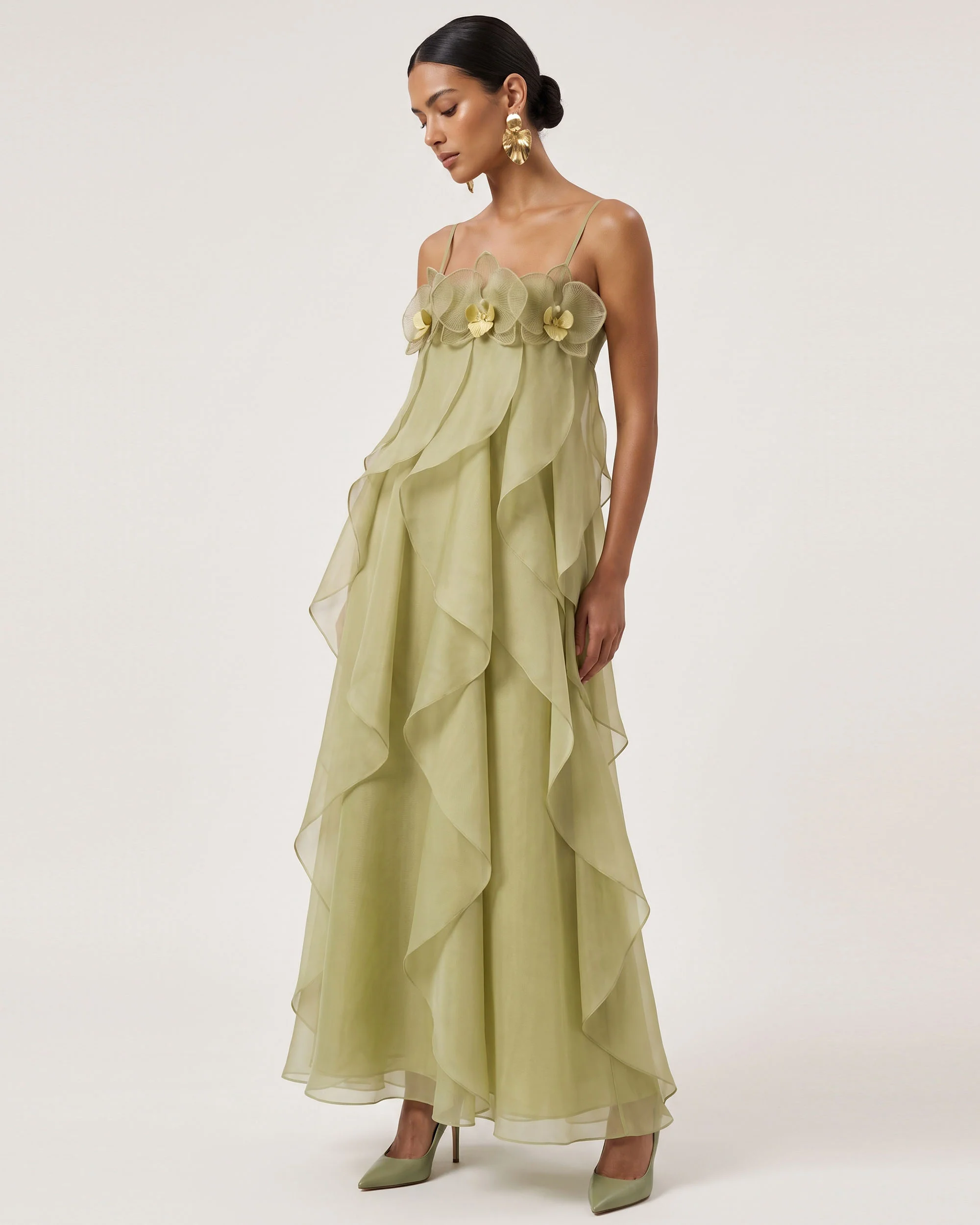 Orchid Embroidered Organza Maxi Dress - Light Green