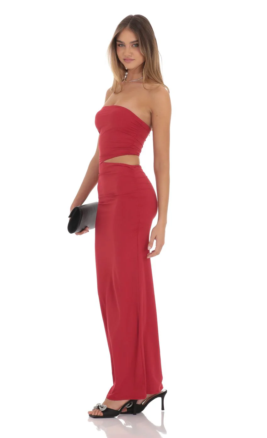 Strapless Cutout Maxi Dress in Red - luluinthesky