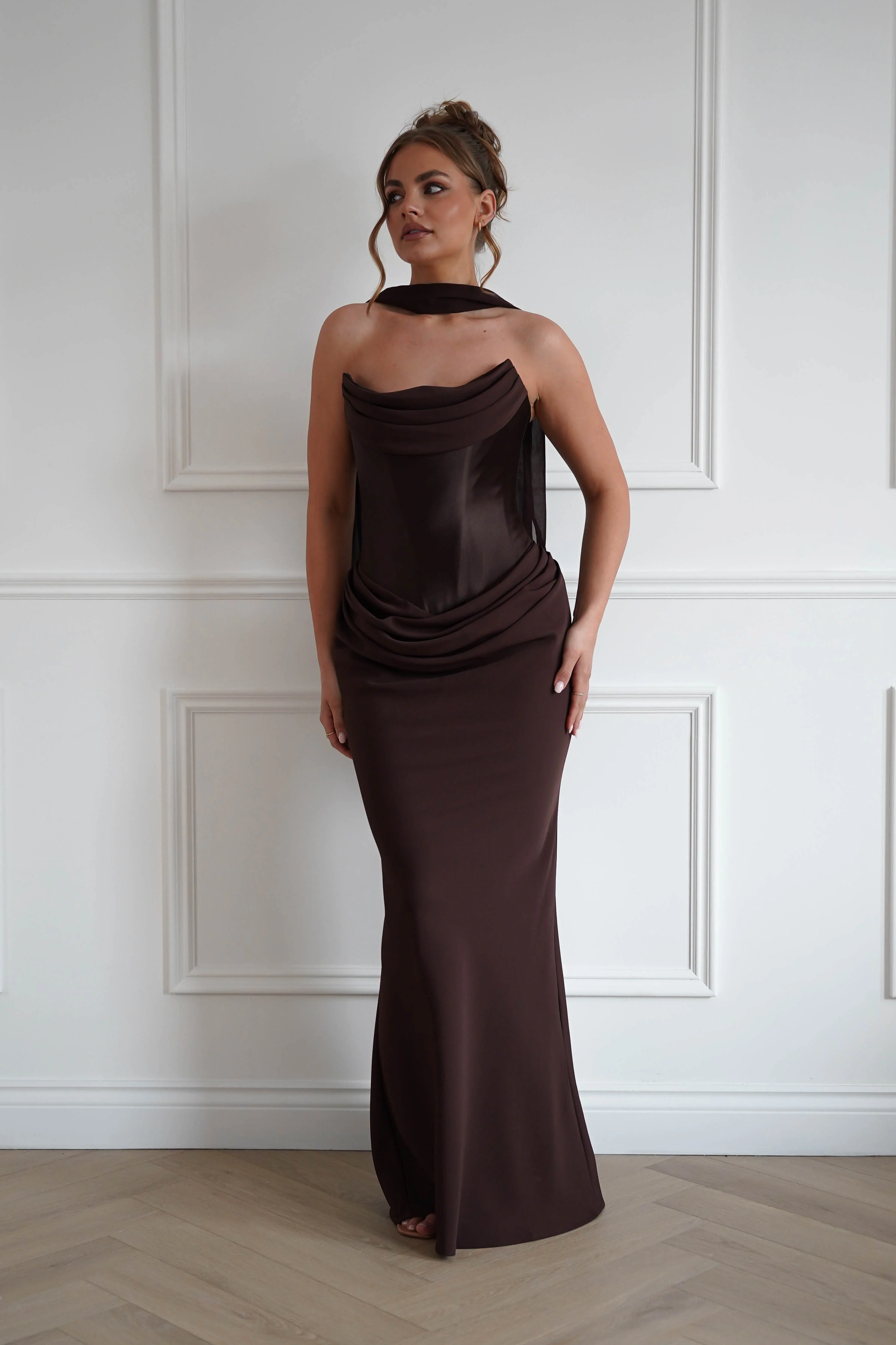 Kailani Strapless Ruched Maxi Dress | Brown